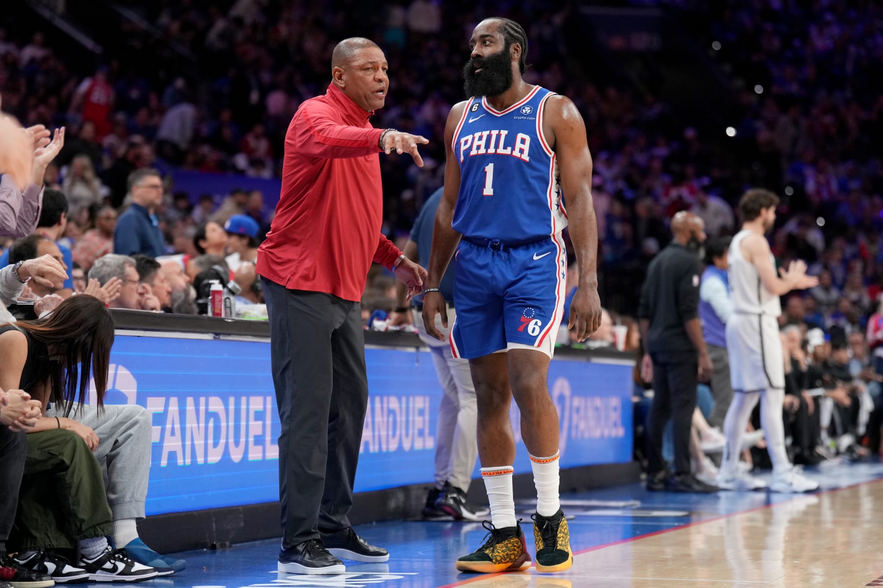 PHILADELPHIA, PA - APRIL 17: Head Coach Doc Rivers of the Philadelphia 76ers talks with James Harden #1 of the Philadelphia 76ers during the game against the Brooklyn Nets during Round 1 Game 2 of the 2023 NBA Playoffs on April 17, 2023 at the Wells Fargo Center in Philadelphia, Pennsylvania NOTE TO USER: User expressly acknowledges and agrees that, by downloading and/or using this Photograph, user is consenting to the terms and conditions of the Getty Images License Agreement. Mandatory Copyright Notice: Copyright 2023 NBAE (Photo by Jesse D. Garrabrant/NBAE via Getty Images)