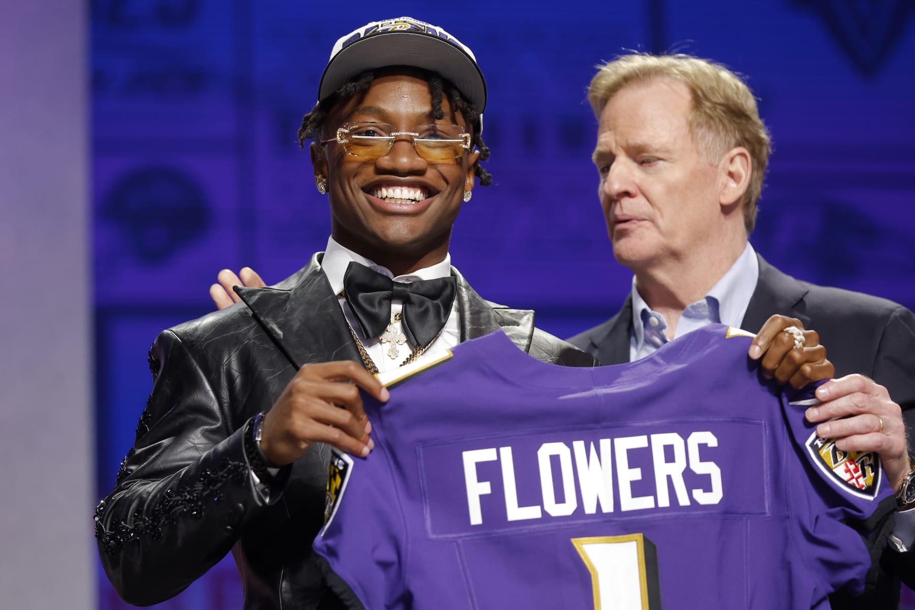 KANSAS CITY, MISSOURI - APRIL 27: (L-R) Zay Flowers poses with NFL Commissioner Roger Goodell after being selected 22nd overall by the Baltimore Ravens during the first round of the 2023 NFL Draft at Union Station on April 27, 2023 in Kansas City, Missouri. (Photo by David Eulitt/Getty Images)
