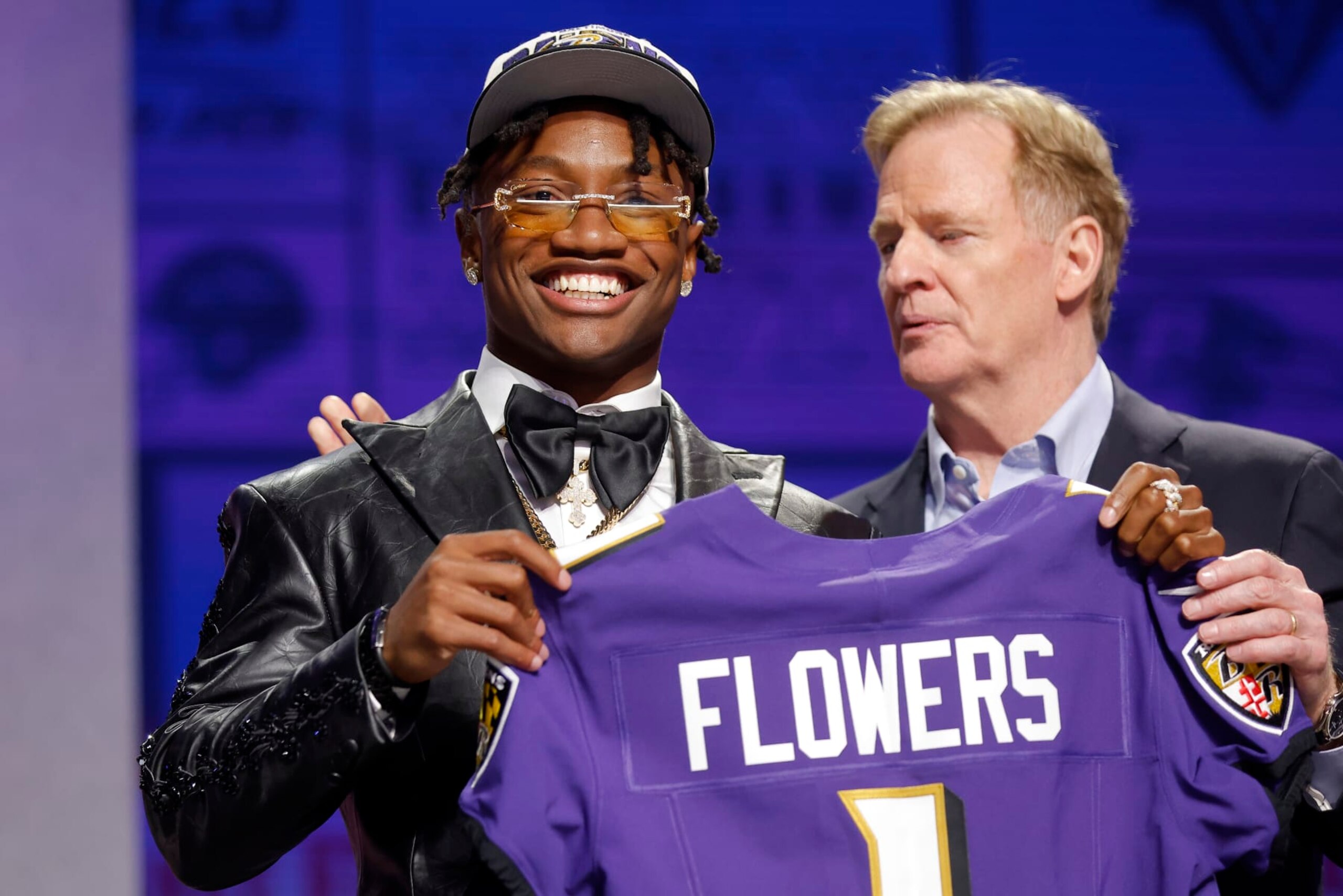 KANSAS CITY, MISSOURI - APRIL 27: (L-R) Zay Flowers poses with NFL Commissioner Roger Goodell after being selected 22nd overall by the Baltimore Ravens during the first round of the 2023 NFL Draft at Union Station on April 27, 2023 in Kansas City, Missouri. (Photo by David Eulitt/Getty Images) KANSAS CITY, MISSOURI - APRIL 27: (L-R) Zay Flowers poses with NFL Commissioner Roger Goodell after being selected 22nd overall by the Baltimore Ravens during the first round of the 2023 NFL Draft at Union Station on April 27, 2023 in Kansas City, Missouri. (Photo by David Eulitt/Getty Images)