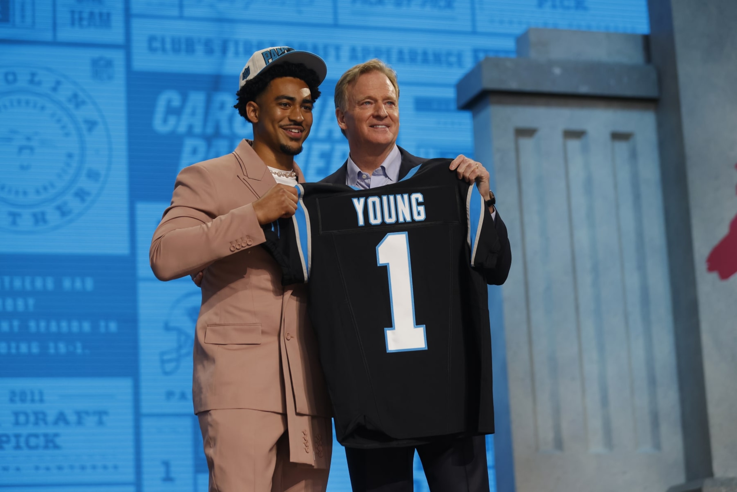 KANSAS CITY, MISSOURI - APRIL 27: (L-R) Bryce Young poses with NFL Commissioner Roger Goodell after being selected first overall by the Carolina Panthers during the first round of the 2023 NFL Draft at Union Station on April 27, 2023 in Kansas City, Missouri. (Photo by David Eulitt/Getty Images) KANSAS CITY, MISSOURI - APRIL 27: (L-R) Bryce Young poses with NFL Commissioner Roger Goodell after being selected first overall by the Carolina Panthers during the first round of the 2023 NFL Draft at Union Station on April 27, 2023 in Kansas City, Missouri. (Photo by David Eulitt/Getty Images)