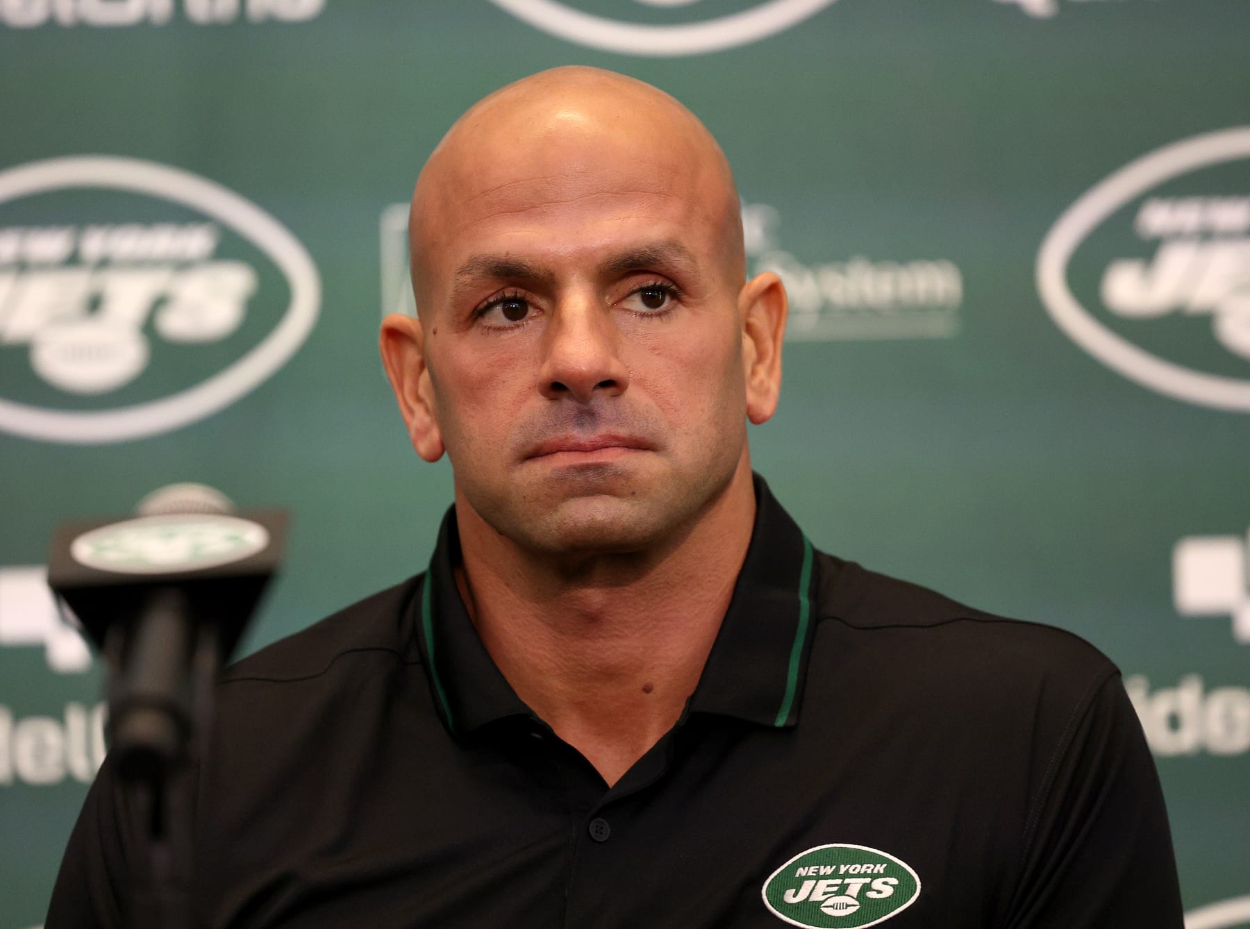 FLORHAM PARK, NEW JERSEY - APRIL 26: New York Jets head coach Robert Saleh attends a press conference to introduce Aaron Rodgers as the new quarterback for the New York Jets at Atlantic Health Jets Training Center on April 26, 2023 in Florham Park, New Jersey. (Photo by Elsa/Getty Images)