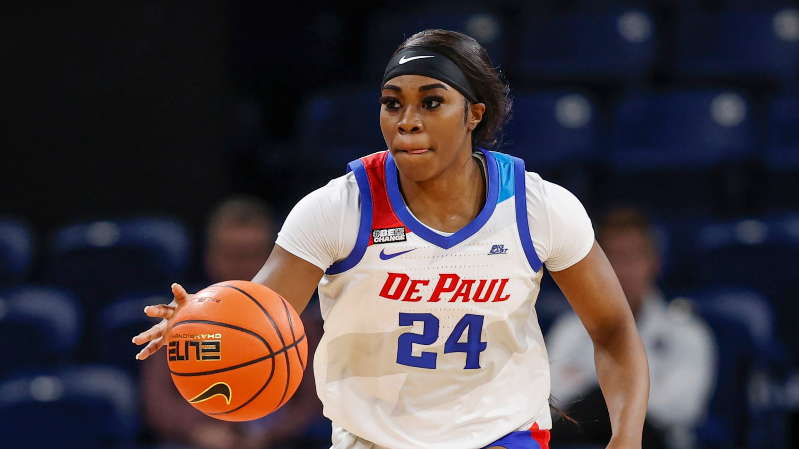 DePaul forward Aneesah Morrow (24) brings the ball up court during the first half of an NCAA basketball game against the Marquette Golden Eagles on Wednesday, Jan. 4, 2023, in Chicago. (AP Photo/Kamil Krzaczynski)