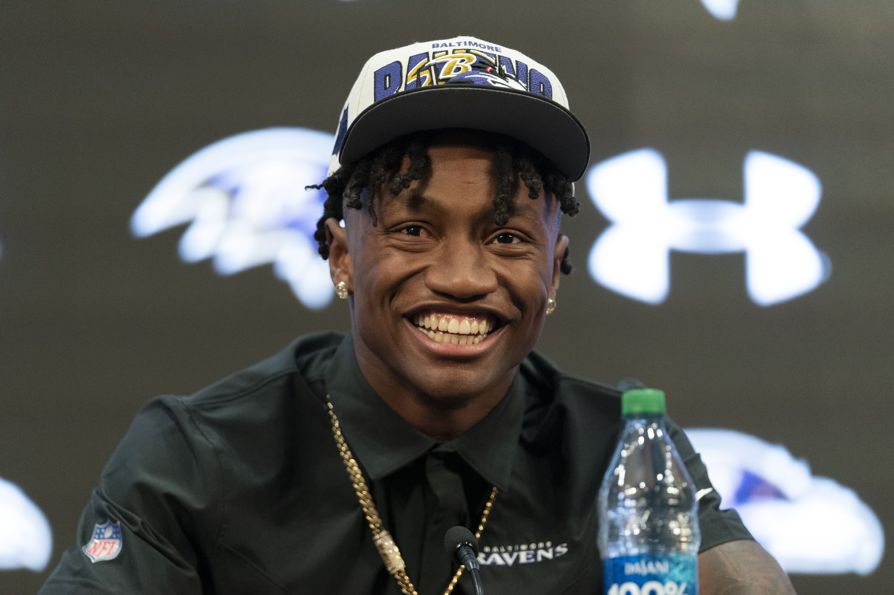Baltimore Ravens first round draft pick Zay Flowers speaks during a news conference at the NFL football team's training center in Owings Mills, Md., Friday, April 28, 2023. (AP Photo/Julio Cortez)