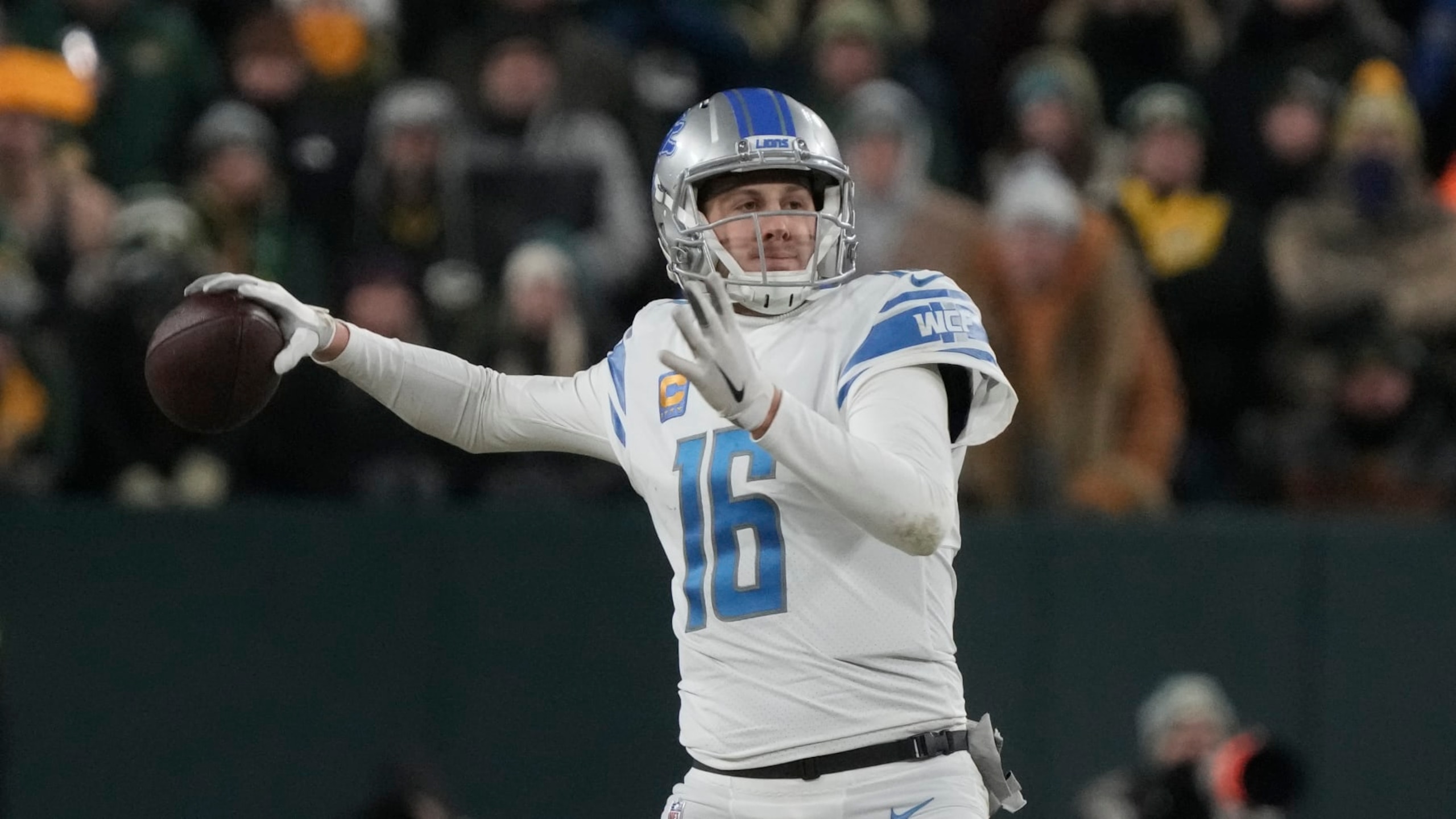 Detroit Lions' Jared Goff during the second half of an NFL football game against the Green Bay PackersSunday, Jan. 8, 2023, in Green Bay, Wis. (AP Photo/Morry Gash)