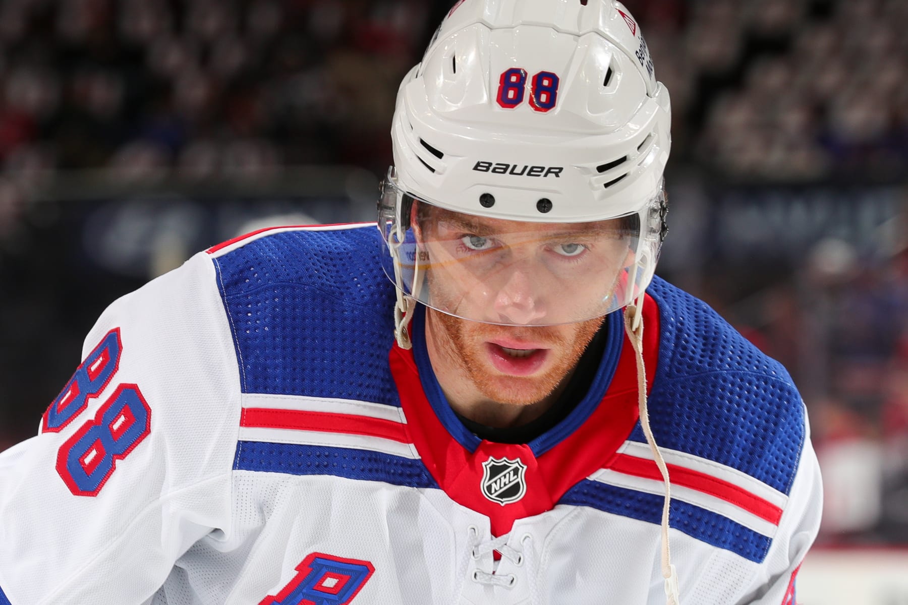 NEWARK, NJ - APRIL 27:  Patrick Kane #88 of the New York Rangers warms up prior to Game Five of the First Round of the 2023 Stanley Cup Playoffs against the New Jersey Devils at the Prudential Center on April 27, 2023 in Newark, New Jersey.  (Photo by Rich Graessle/NHLI via Getty Images)