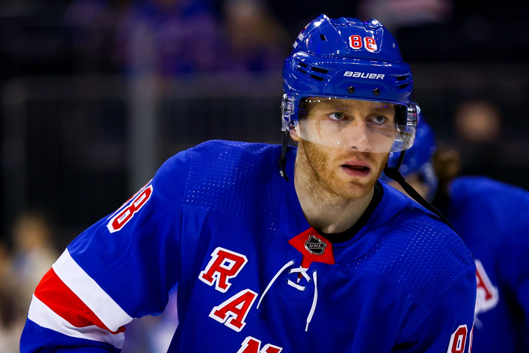 NEW YORK, NY - APRIL 24: New York Rangers Right Wing Patrick Kane (88) is pictured prior to Game 4 of the National Hockey League Eastern Conference First Round between the New Jersey Devils and the New York Rangers on April 24, 2023 at Madison Square Garden in New York, NY. (Photo by Joshua Sarner/Icon Sportswire via Getty Images)