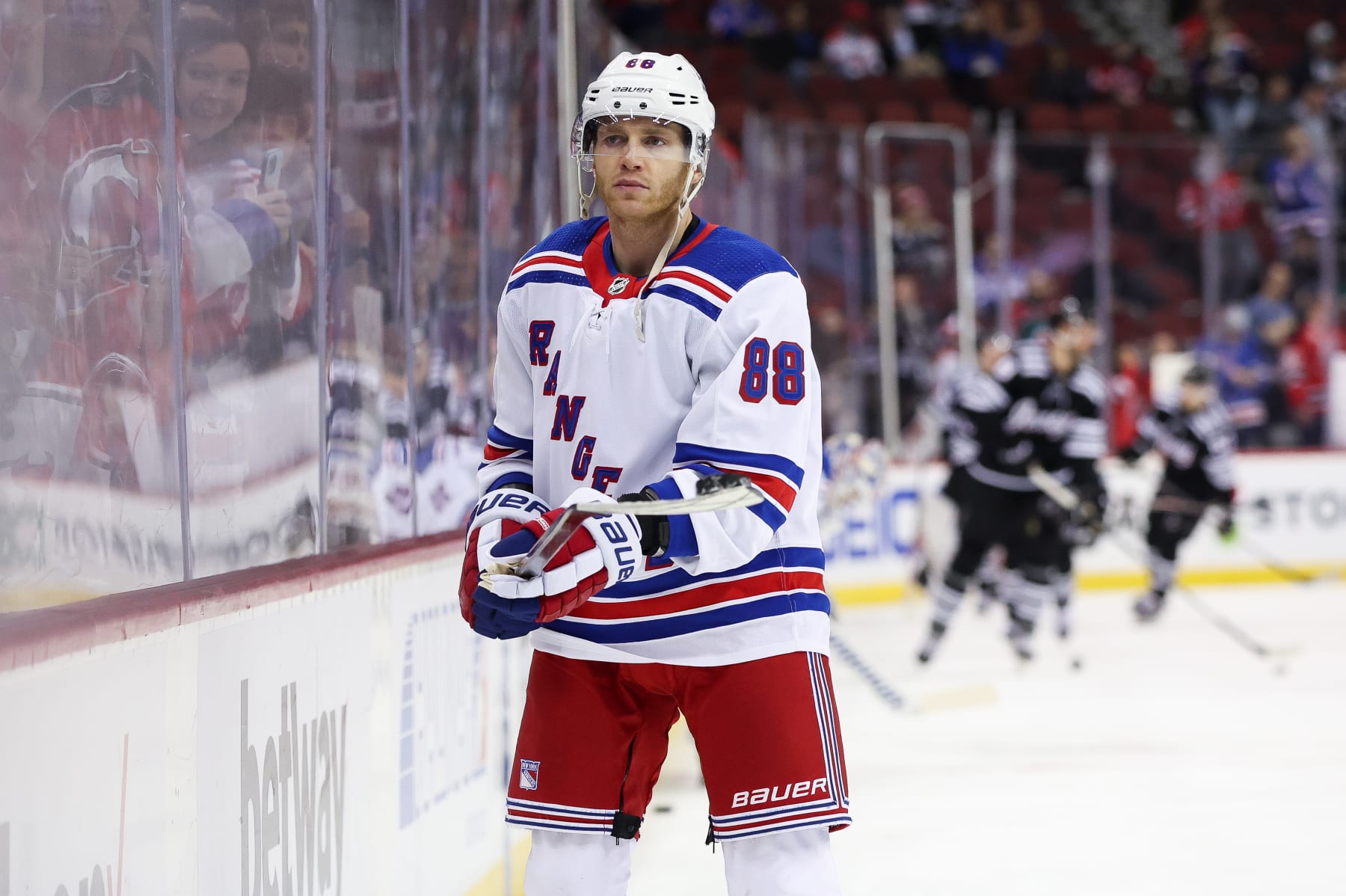NEWARK, NJ - MARCH 30: New York Rangers right wing Patrick Kane (88) warms up prior to the National Hockey League game between the New York Rangers and the New Jersey Devils on March 30, 2023 at Prudential Center in Newark, NJ. (Photo by Andrew Mordzynski/Icon Sportswire via Getty Images)