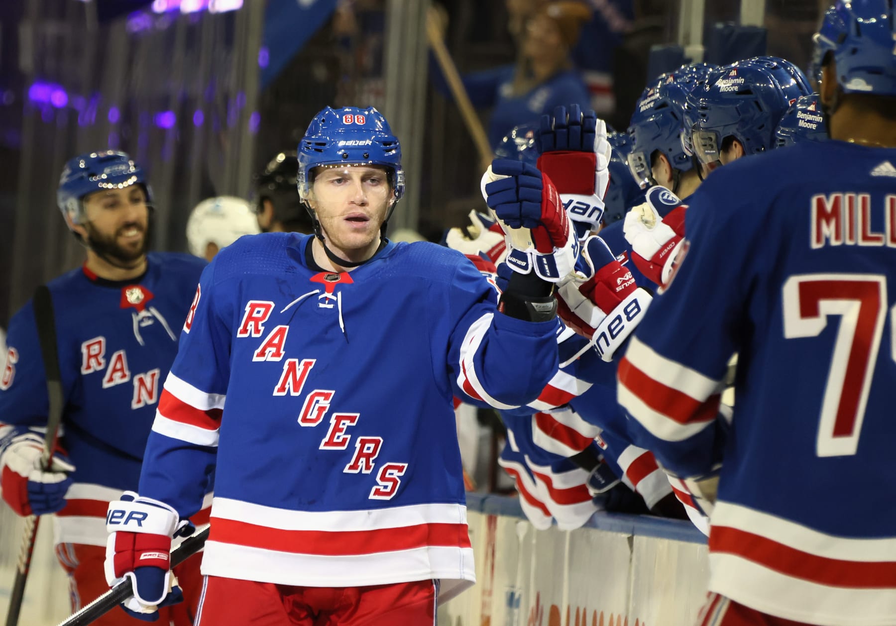 NEW YORK, NEW YORK - MARCH 28: Patrick Kane #88 of the New York Rangers celebrates his first period goal against the Columbus Blue Jackets at Madison Square Garden on March 28, 2023 in New York City. (Photo by Bruce Bennett/Getty Images)