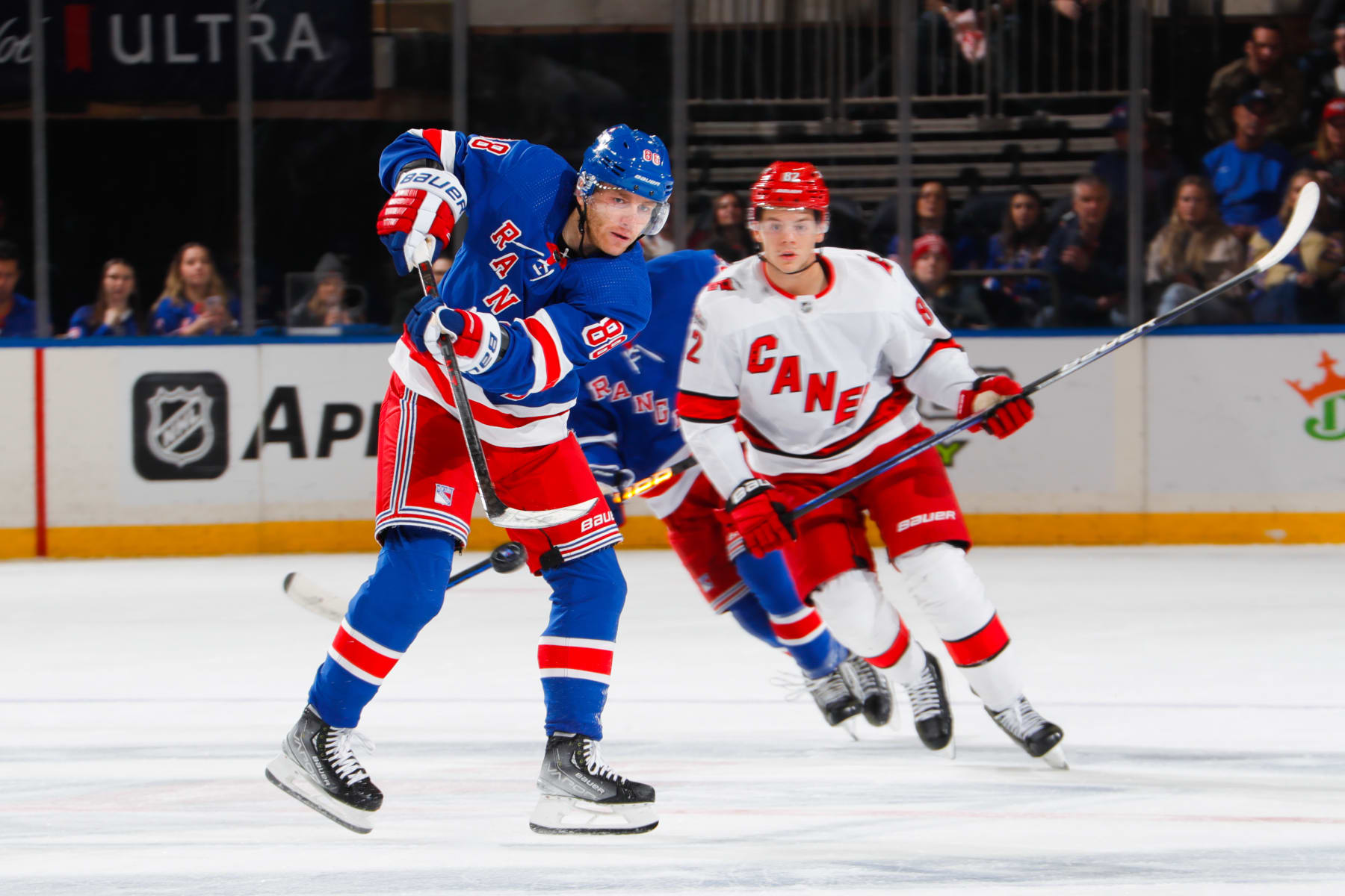 NEW YORK, NEW YORK - MARCH 21:  Patrick Kane #88 of the New York Rangers skates with the puck against the Carolina Hurricanes at Madison Square Garden on March 21, 2023 in New York City. (Photo by Jared Silber/NHLI via Getty Images)