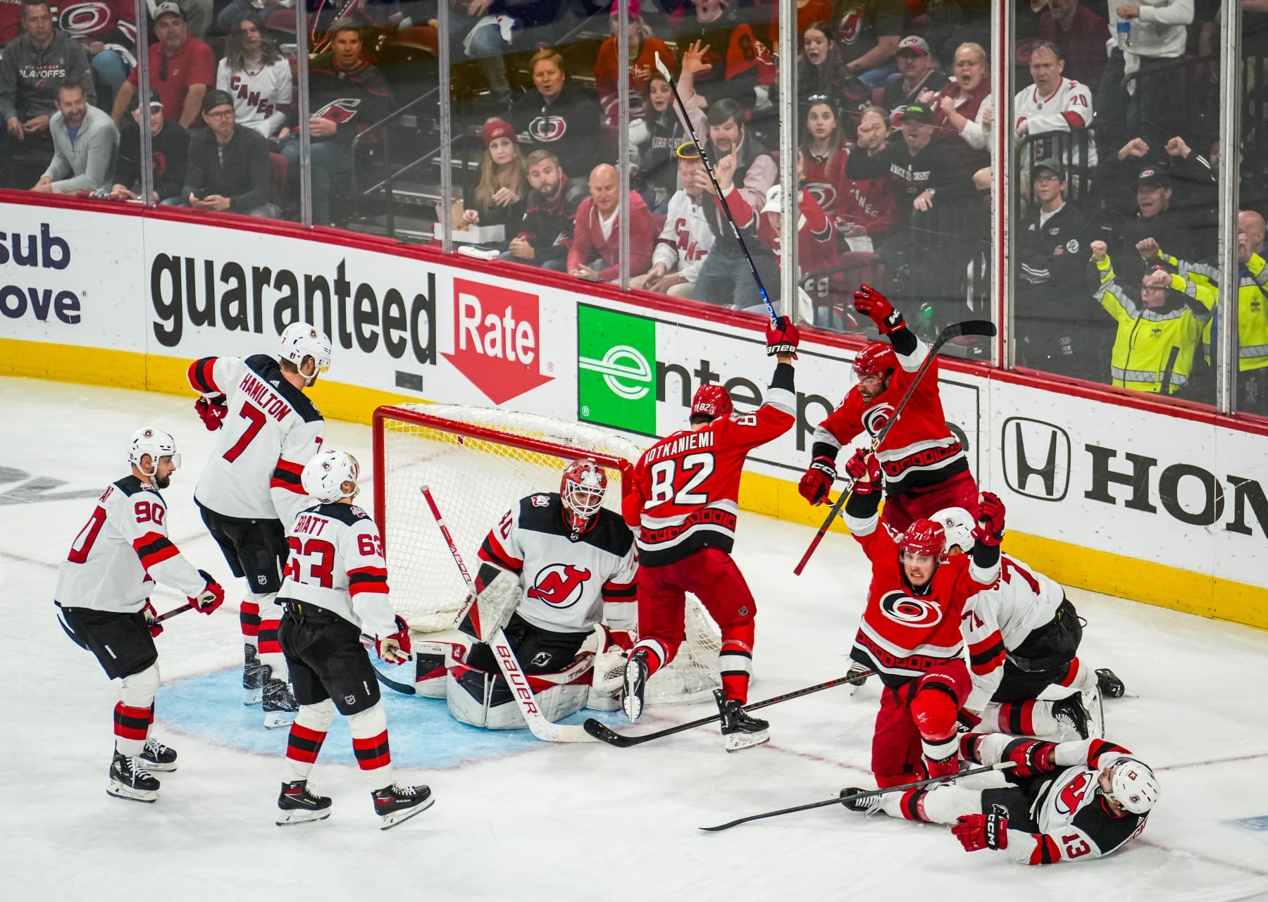 RALEIGH, NORTH CAROLINA - MAY 05: Jesperi Kotkaniemi #82 of the Carolina Hurricanes celebrates after scoring a goal during the second period against the New Jersey Devils in Game Two of the Second Round of the 2023 Stanley Cup Playoffs at PNC Arena on May 05, 2023 in Raleigh, North Carolina. (Photo by Cato Cataldo/NHLI via Getty Images)