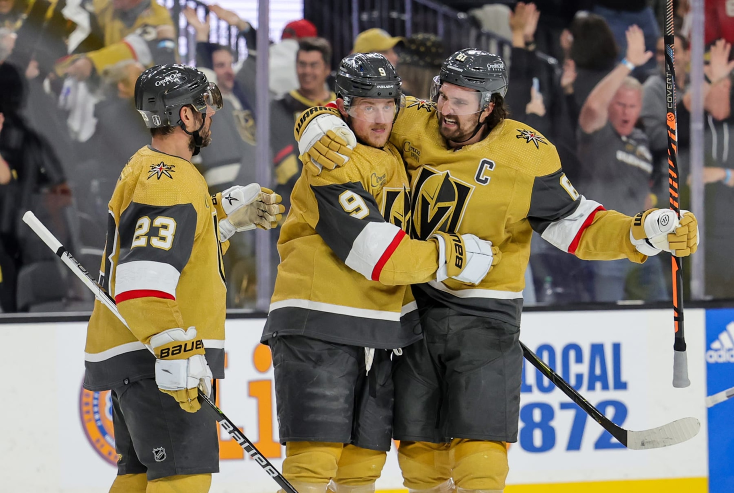 LAS VEGAS, NEVADA - MAY 03: Alec Martinez #23, Jack Eichel #9 and Mark Stone #61 of the Vegas Golden Knights celebrate Eichel's empty-net power-play goal against the Edmonton Oilers in the third period of Game One of the Second Round of the 2023 Stanley Cup Playoffs at T-Mobile Arena on May 03, 2023 in Las Vegas, Nevada. The Golden Knights defeated the Oilers 6-4. (Photo by Ethan Miller/Getty Images)