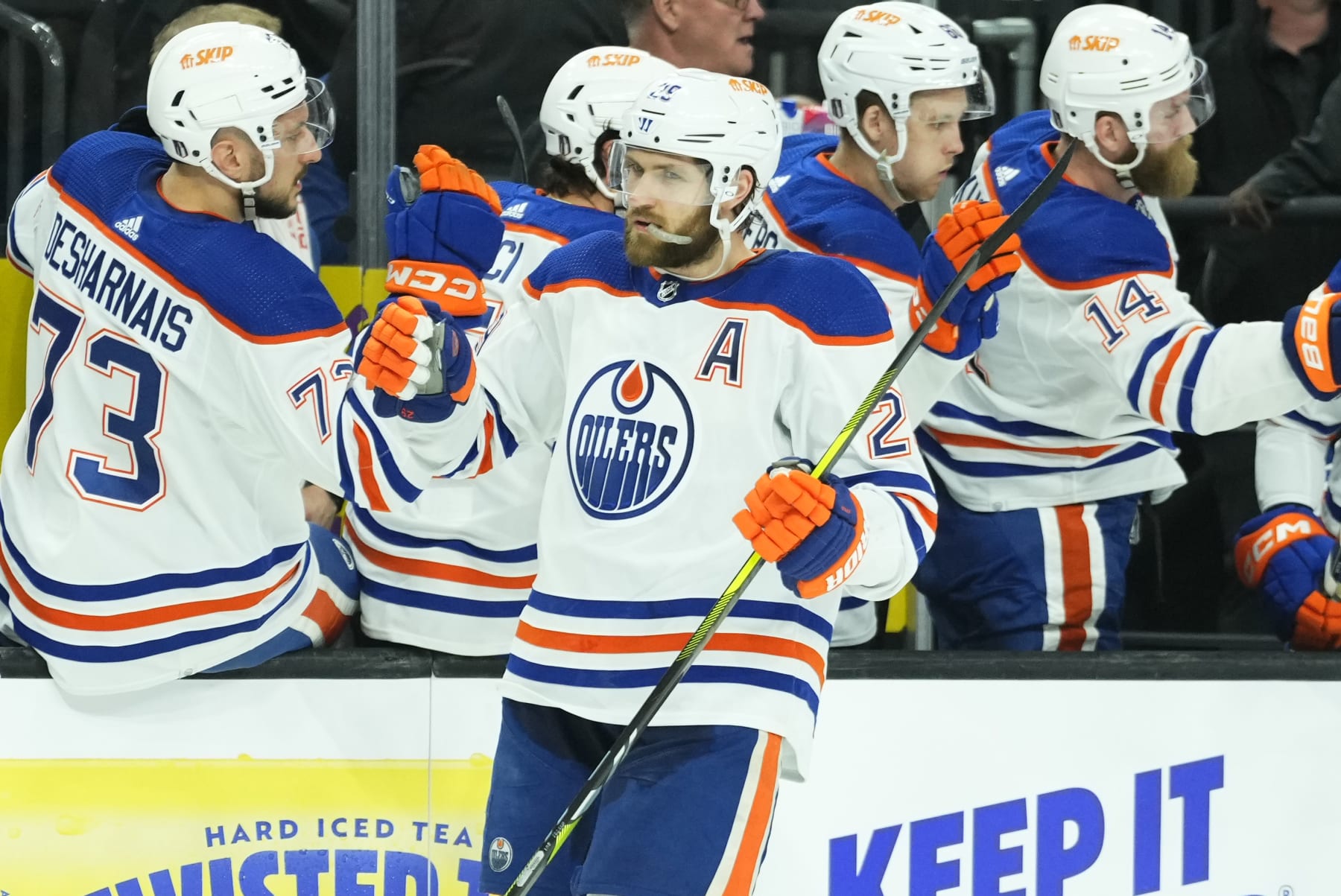LAS VEGAS, NEVADA - MAY 03: Leon Draisaitl #29 of the  Edmonton Oilers celebrates after scoring a goal during the first period against the Vegas Golden Knights in Game One of the Second Round of the 2023 Stanley Cup Playoffs at T-Mobile Arena on May 03, 2023 in Las Vegas, Nevada. (Photo by Jeff Bottari/NHLI via Getty Images)
