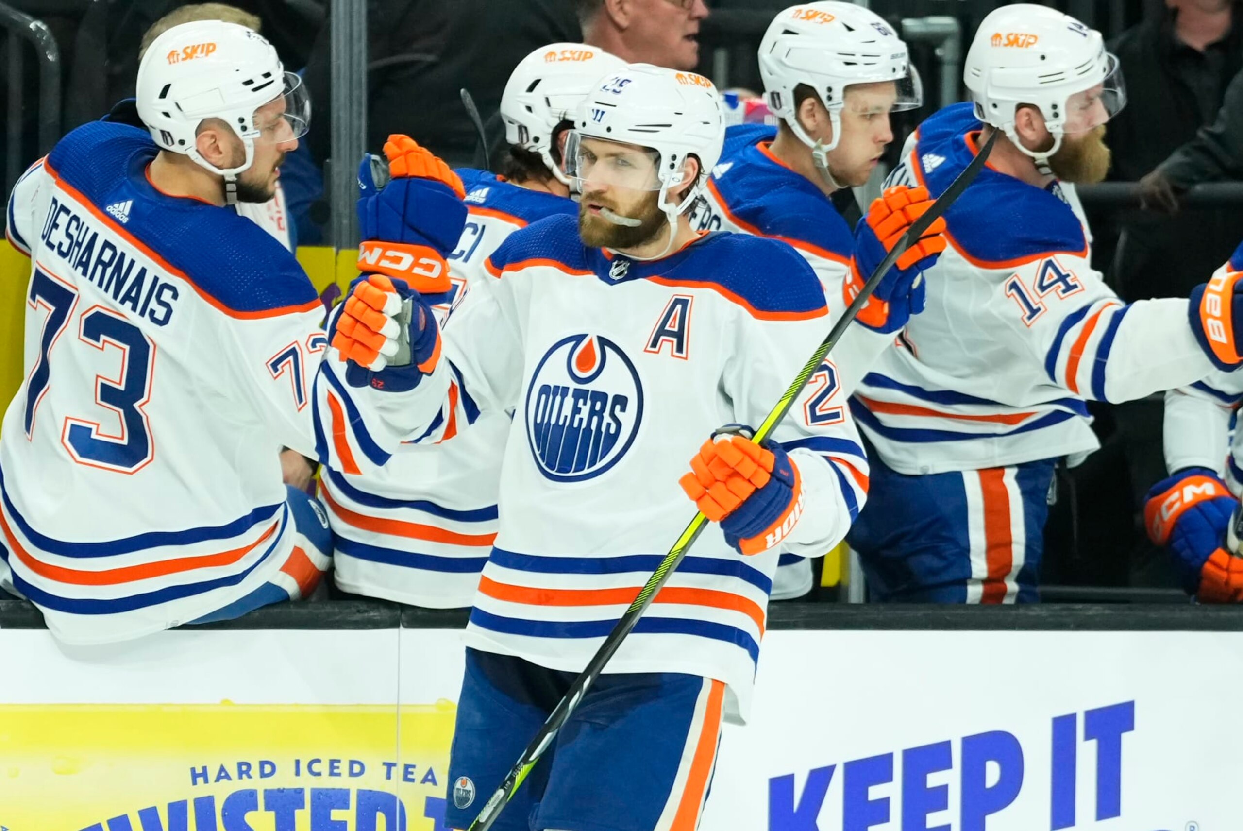 LAS VEGAS, NEVADA - MAY 03: Leon Draisaitl #29 of the  Edmonton Oilers celebrates after scoring a goal during the first period against the Vegas Golden Knights in Game One of the Second Round of the 2023 Stanley Cup Playoffs at T-Mobile Arena on May 03, 2023 in Las Vegas, Nevada. (Photo by Jeff Bottari/NHLI via Getty Images)
