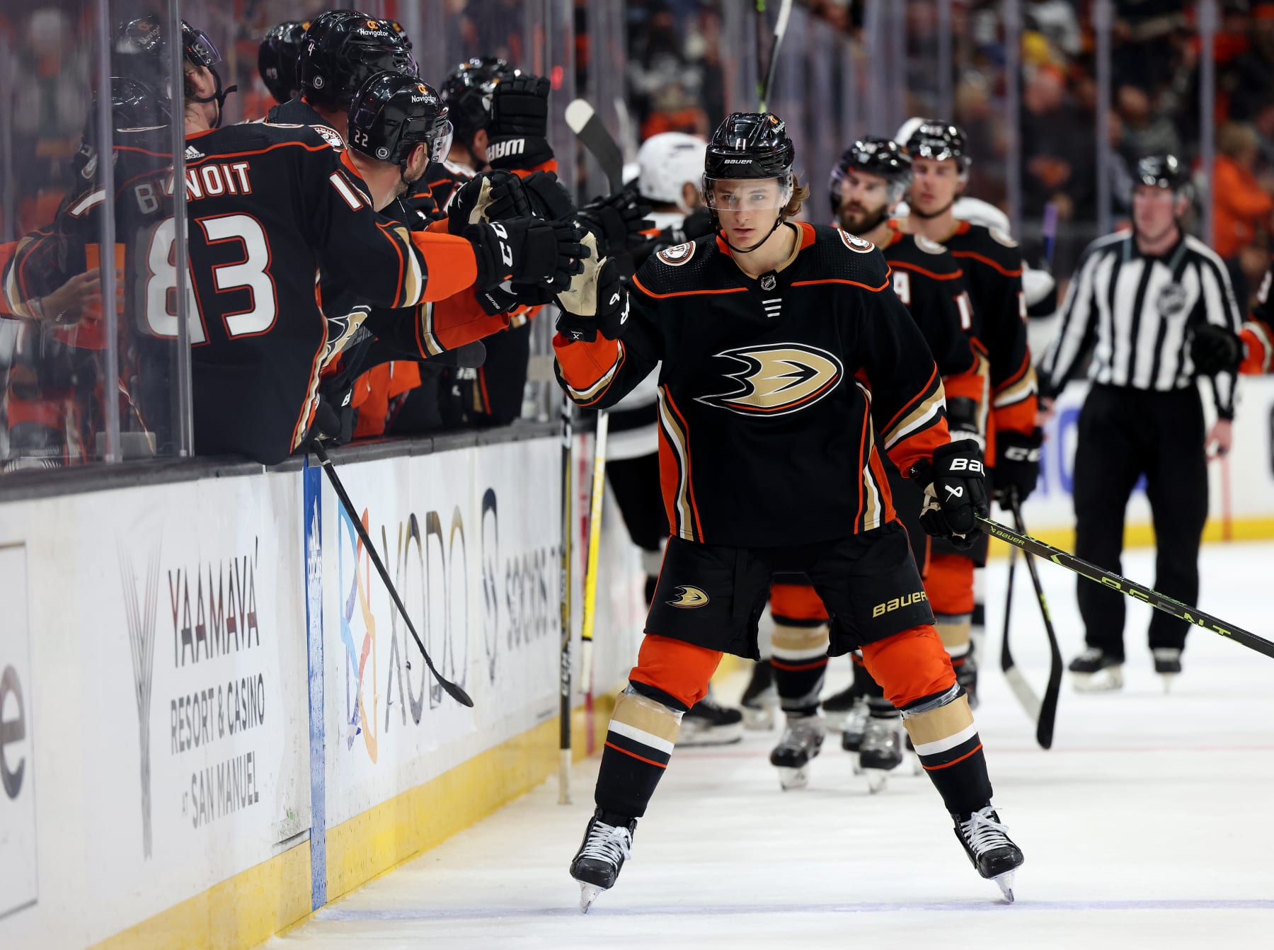 ANAHEIM, CALIFORNIA - APRIL 13: Trevor Zegras #11 of the Anaheim Ducks celebrates his goal to trail 4-3 to the Los Angeles Kings during the third period in a 5-3 Kings win at Honda Center on April 13, 2023 in Anaheim, California. (Photo by Harry How/Getty Images)