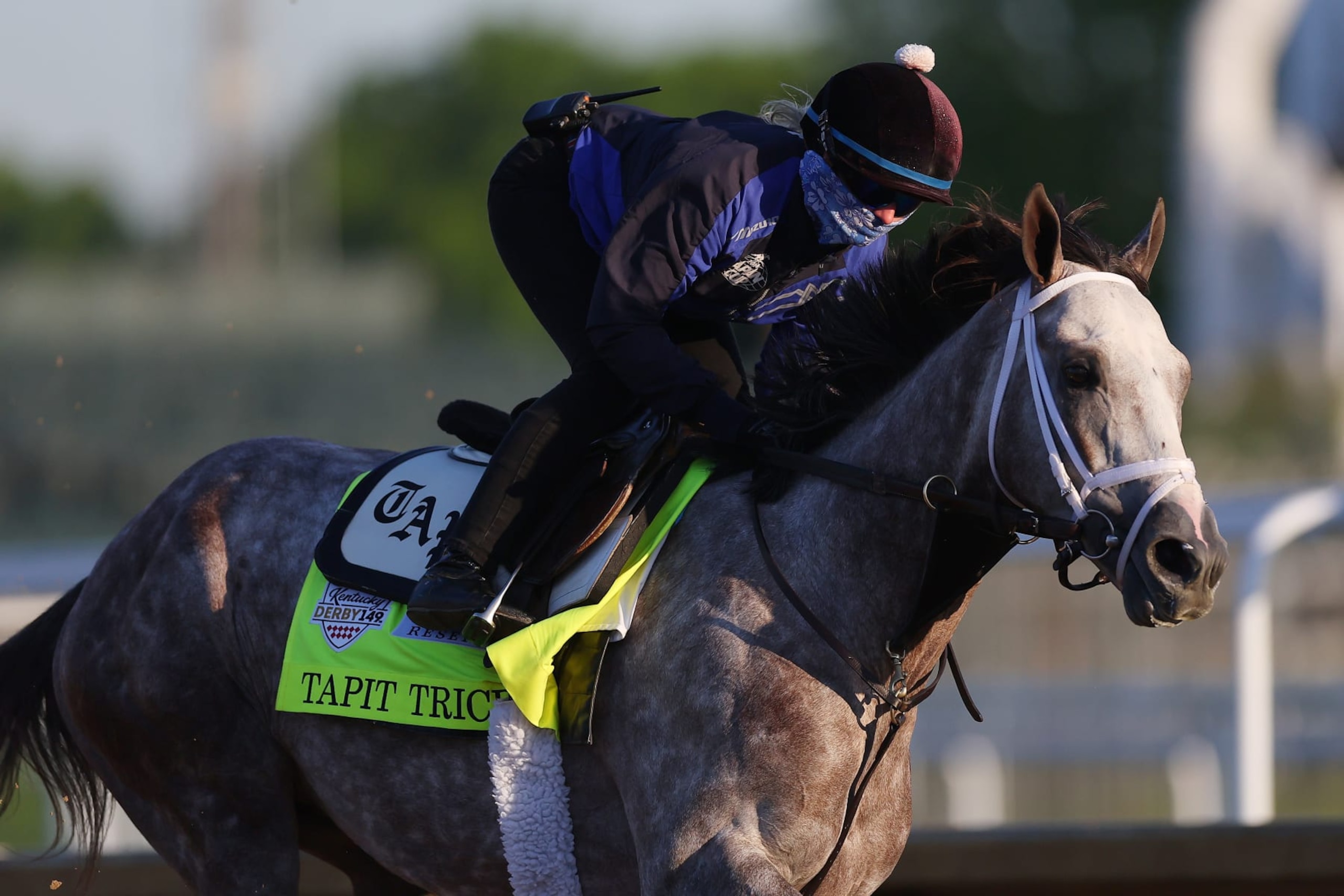LOUISVILLE, KENTUCKY - MAY 04: Tapit Trice trains on the track during morning workouts in preparation for the 149th running of the Kentucky Derby at Churchill Downs on May 04, 2023 in Louisville, Kentucky. (Photo by Michael Reaves/Getty Images) LOUISVILLE, KENTUCKY - MAY 04: Tapit Trice trains on the track during morning workouts in preparation for the 149th running of the Kentucky Derby at Churchill Downs on May 04, 2023 in Louisville, Kentucky. (Photo by Michael Reaves/Getty Images)