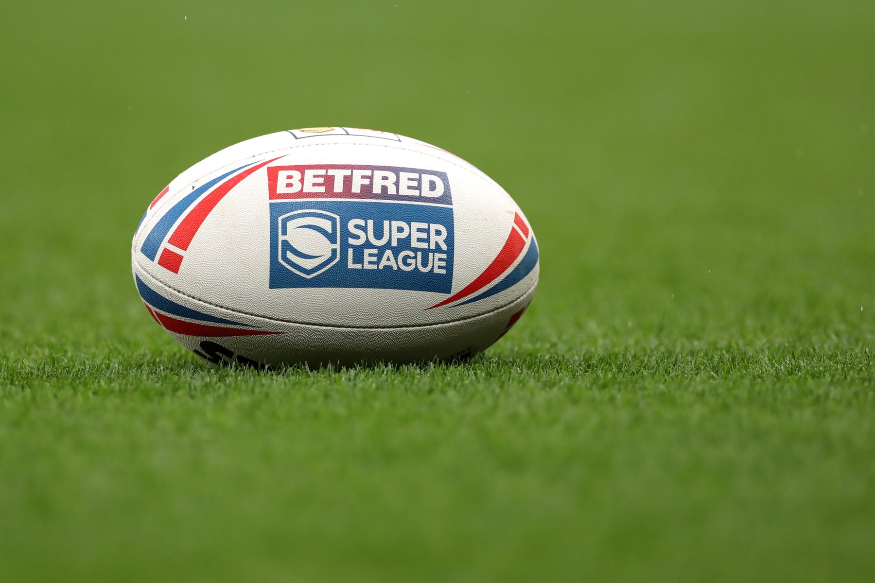 MANCHESTER, ENGLAND - OCTOBER 09: A detailed view of a Betfred Super League match ball is seen prior to the Betfred Super League Grand Final match between Catalans Dragons and St Helens at Old Trafford on October 09, 2021 in Manchester, England. (Photo by Lewis Storey/Getty Images)