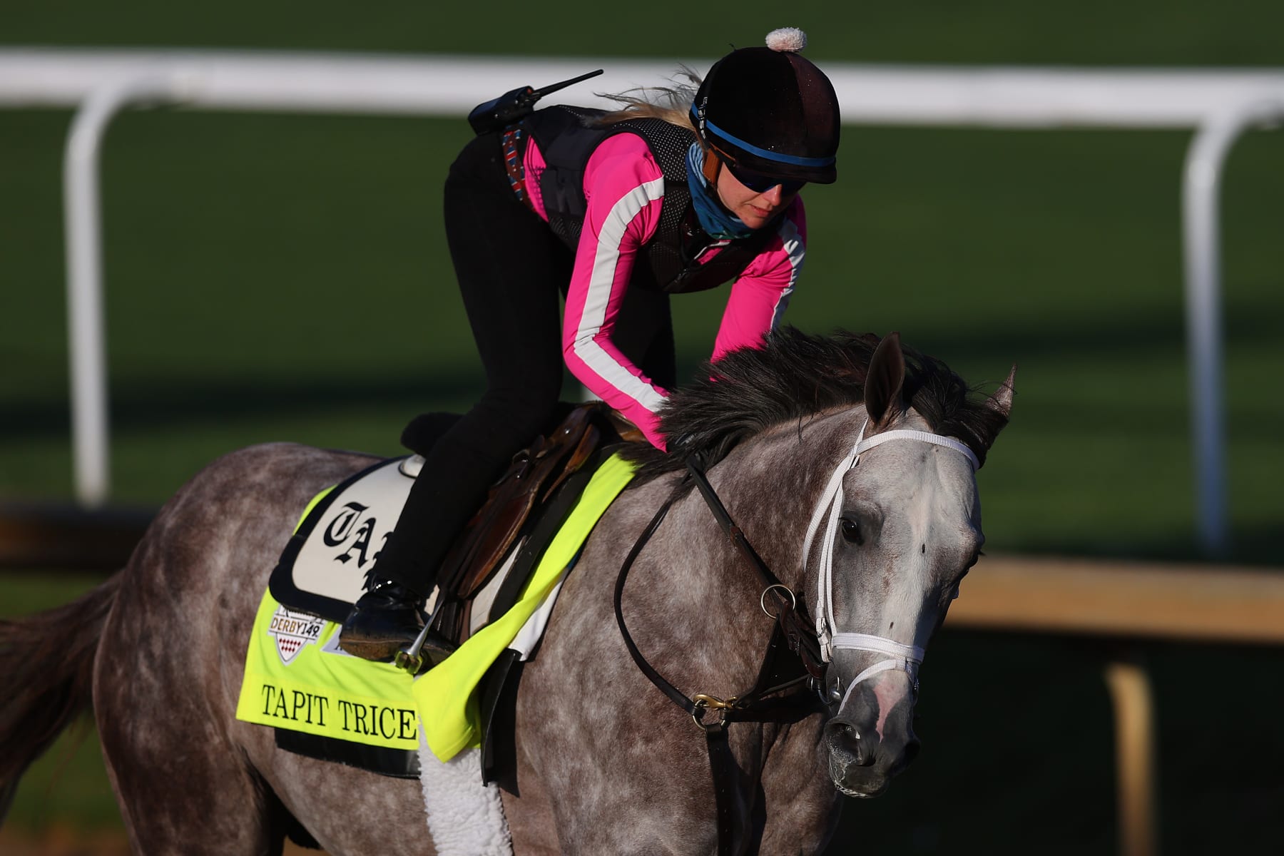 LOUISVILLE, KENTUCKY - MAY 05: Tapit Trice trains on the track during morning workouts ahead of the 149th running of the Kentucky Derby at Churchill Downs on May 05, 2023 in Louisville, Kentucky. (Photo by Michael Reaves/Getty Images)
