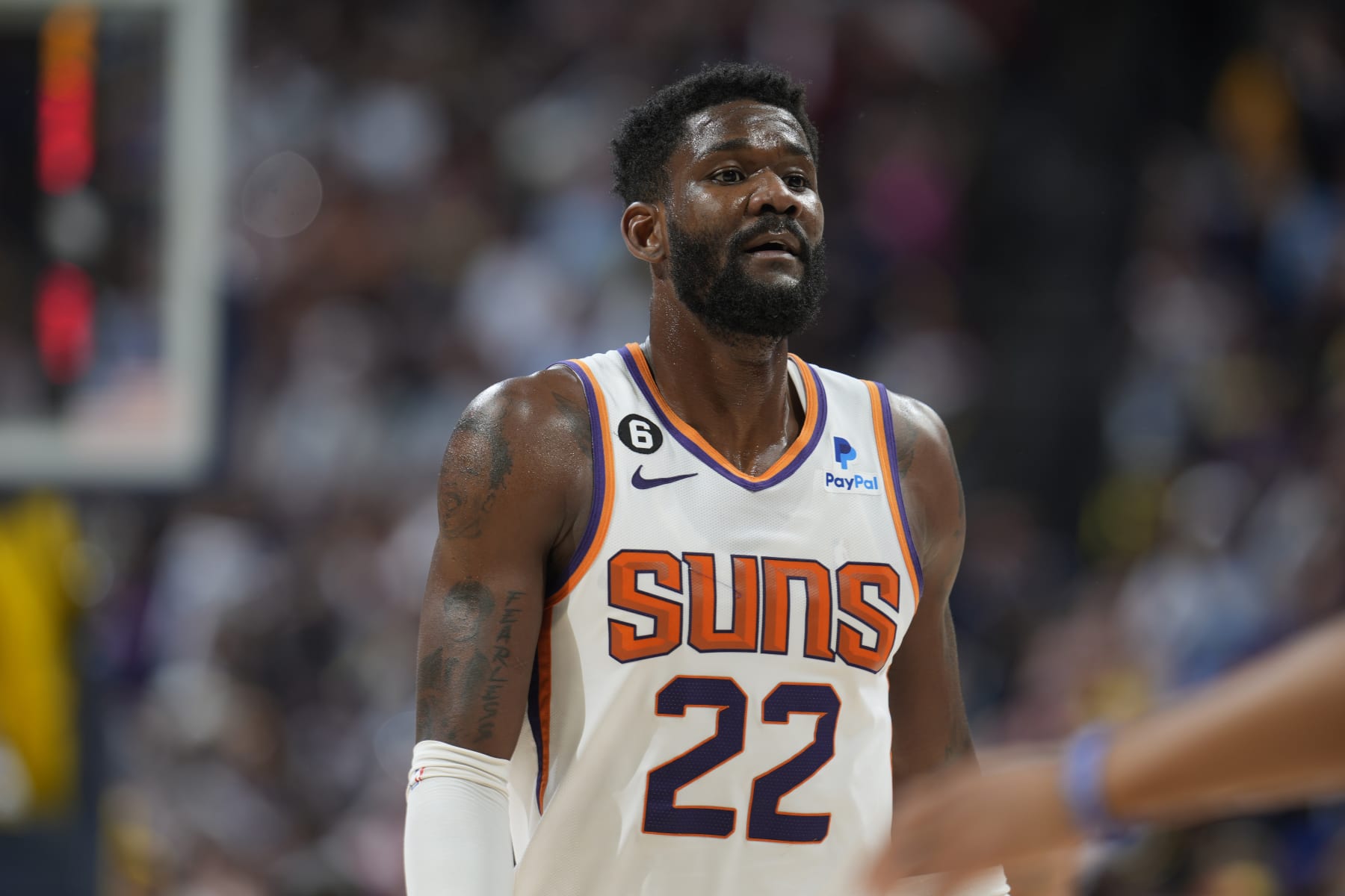 Phoenix Suns center Deandre Ayton (22) in the second half of Game 2 of an NBA second-round playoff series Monday, May 1, 2023, in Denver. (AP Photo/David Zalubowski)