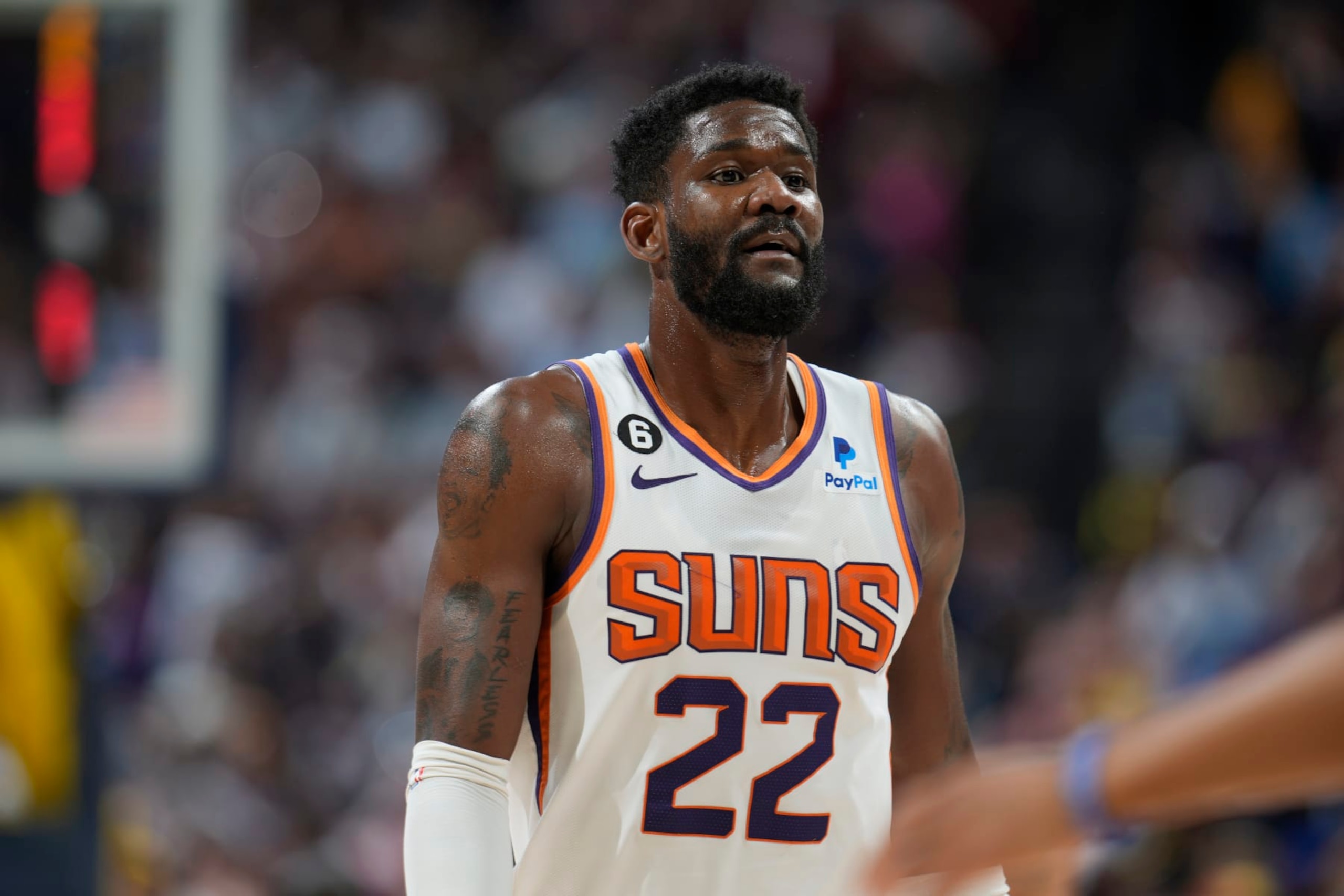 Phoenix Suns center Deandre Ayton (22) in the second half of Game 2 of an NBA second-round playoff series Monday, May 1, 2023, in Denver. (AP Photo/David Zalubowski)