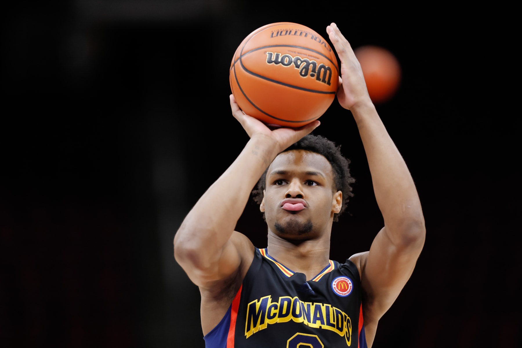 HOUSTON, TX - MARCH 28: Bronny James #6 of McDonald's All American Boys West is seen before the McDonalds All American Basketball Games at Toyota Center on March 28, 2023 in Houston, Texas. (Photo by Michael Hickey/Getty Images)