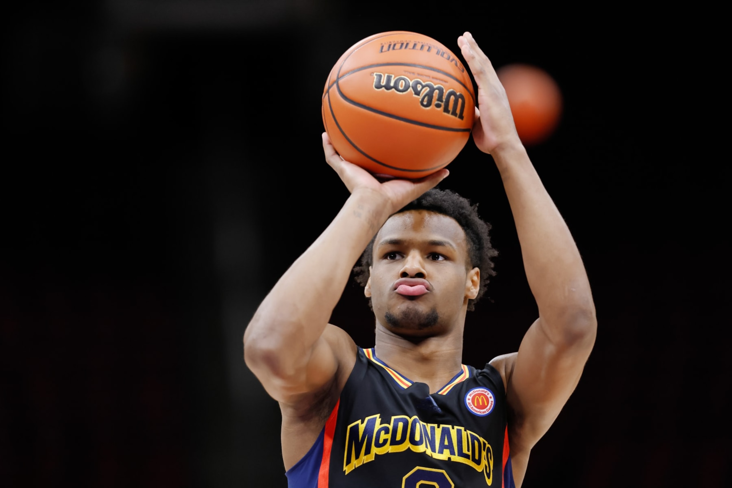 HOUSTON, TX - MARCH 28: Bronny James #6 of McDonald's All American Boys West is seen before the McDonalds All American Basketball Games at Toyota Center on March 28, 2023 in Houston, Texas. (Photo by Michael Hickey/Getty Images)