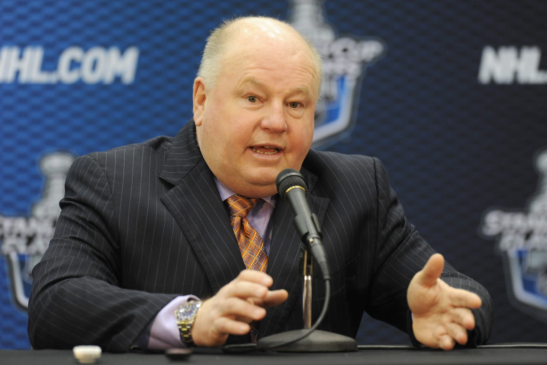 WASHINGTON, DC - APRIL 23: Head coach Bruce Boudreau of the Washington Capitals address the media after Game FIve of the Eastern Conference Quarterfinals of the 2011 NHL Stanley Cup Playoffs against the New York Rangers on April 23, 2011 at the Verizon Center in Washington, DC. The Capitals won 3-1. (Photo by Mitchell Layton/NHLI via Getty Images)