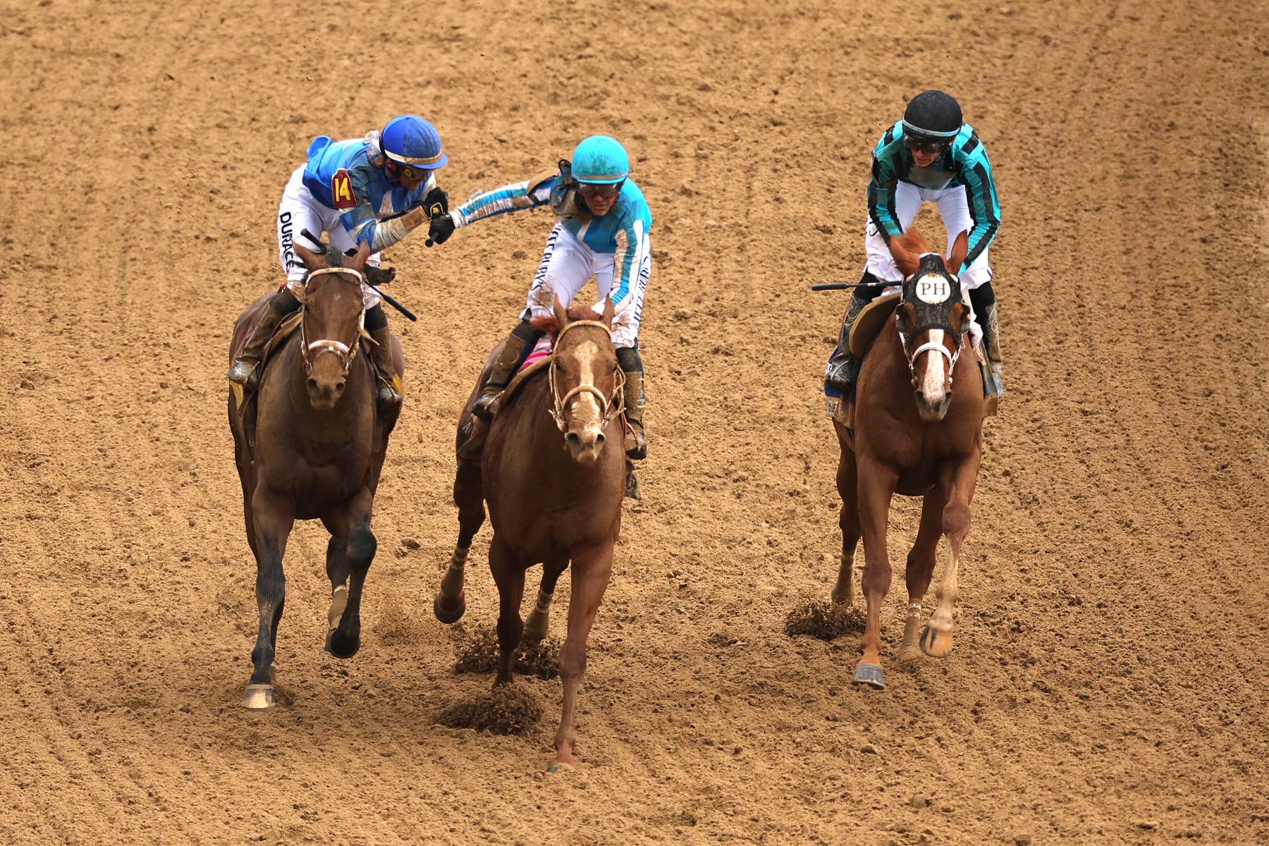 LOUISVILLE, KENTUCKY - MAY 06: Jockey Javier Castellano celebrates atop of Mage #8 after winning the 149th running of the Kentucky Derby at Churchill Downs on May 06, 2023 in Louisville, Kentucky. (Photo by Stacy Revere/Getty Images)