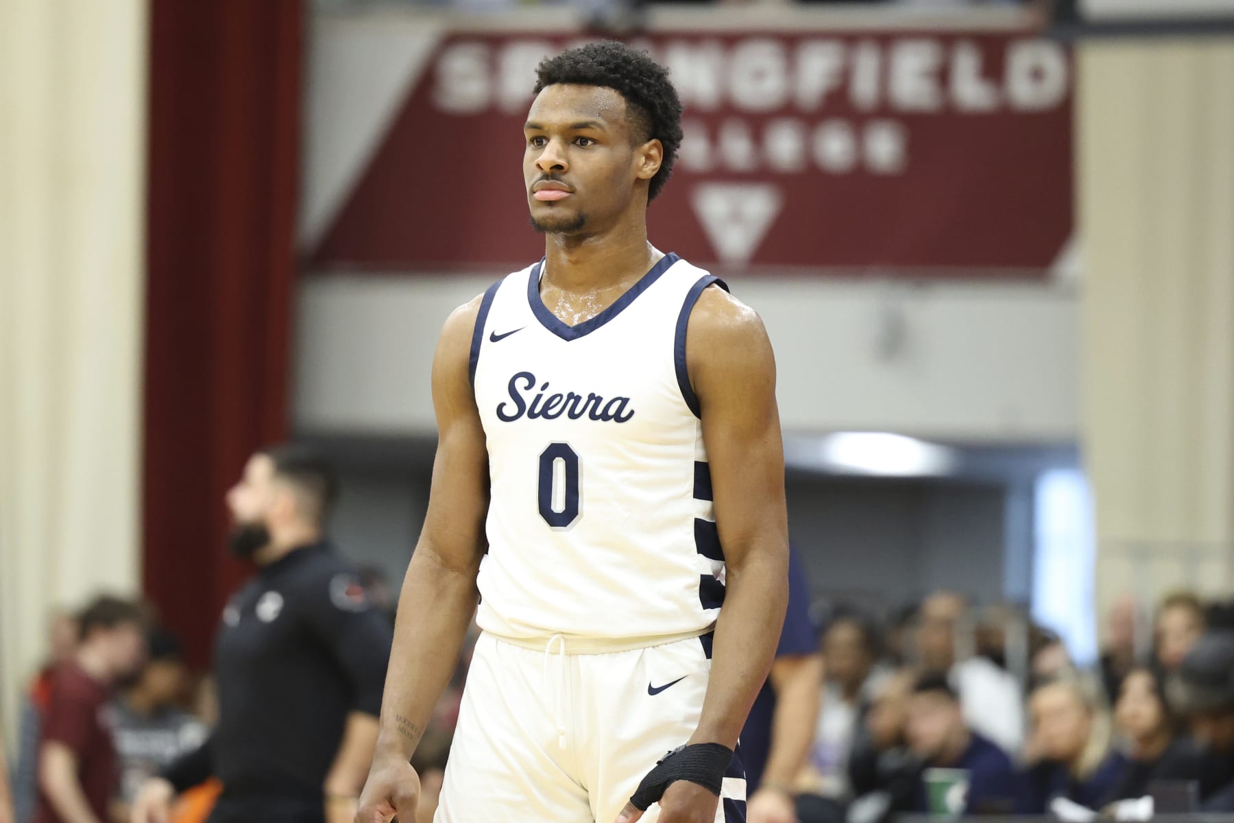 Sierra Canyon's Bronny James #0 is seen against Christopher Columbus during a high school basketball game at the Hoophall Classic, Monday, January 16, 2023, in Springfield, MA. (AP Photo/Gregory Payan)