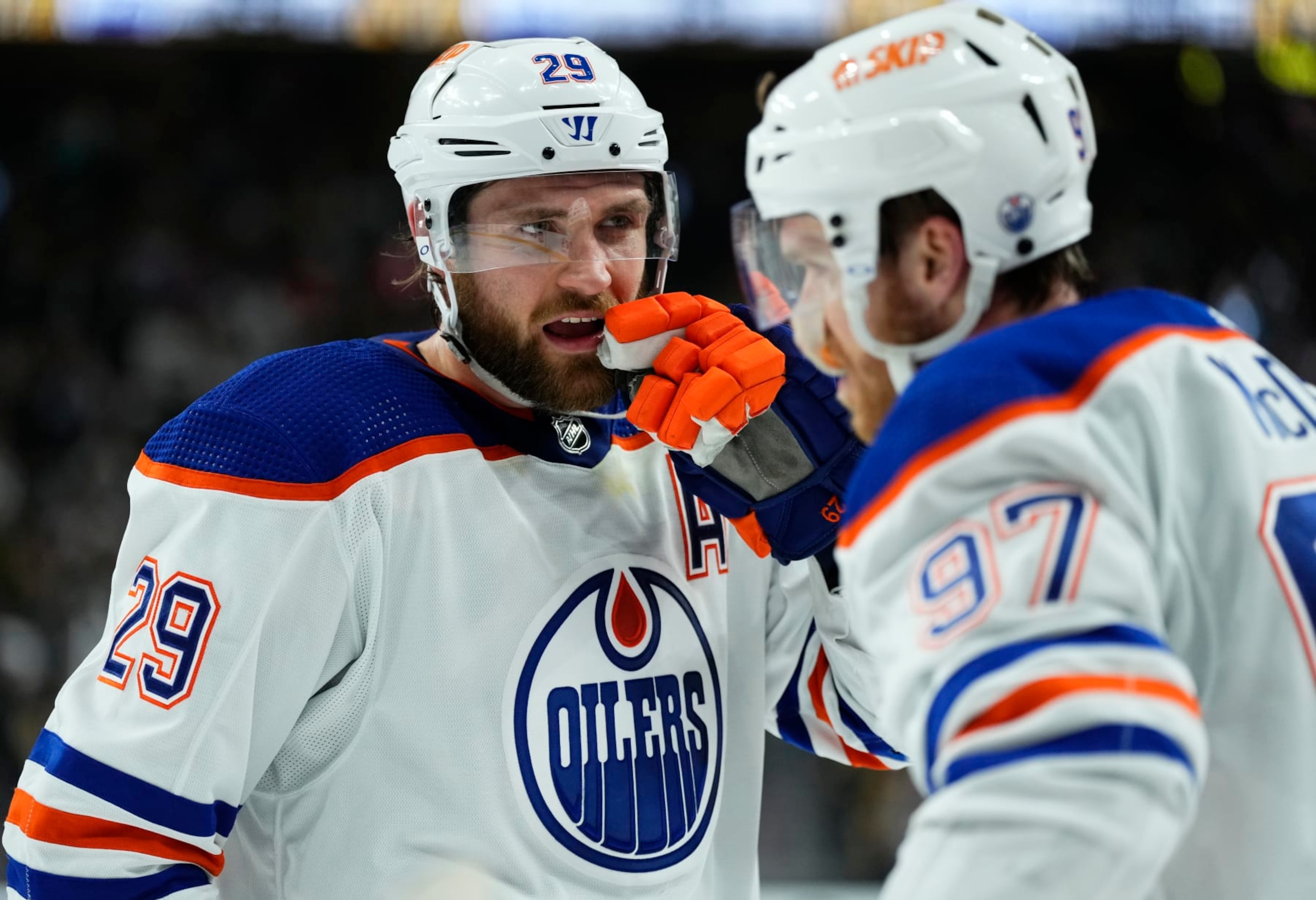LAS VEGAS, NEVADA - MAY 03: Leon Draisaitl #29 and Connor McDavid #97 of the Edmonton Oilers talk during the third period against the Vegas Golden Knights in Game One of the Second Round of the 2023 Stanley Cup Playoffs at T-Mobile Arena on May 03, 2023 in Las Vegas, Nevada. (Photo by Jeff Bottari/NHLI via Getty Images)
