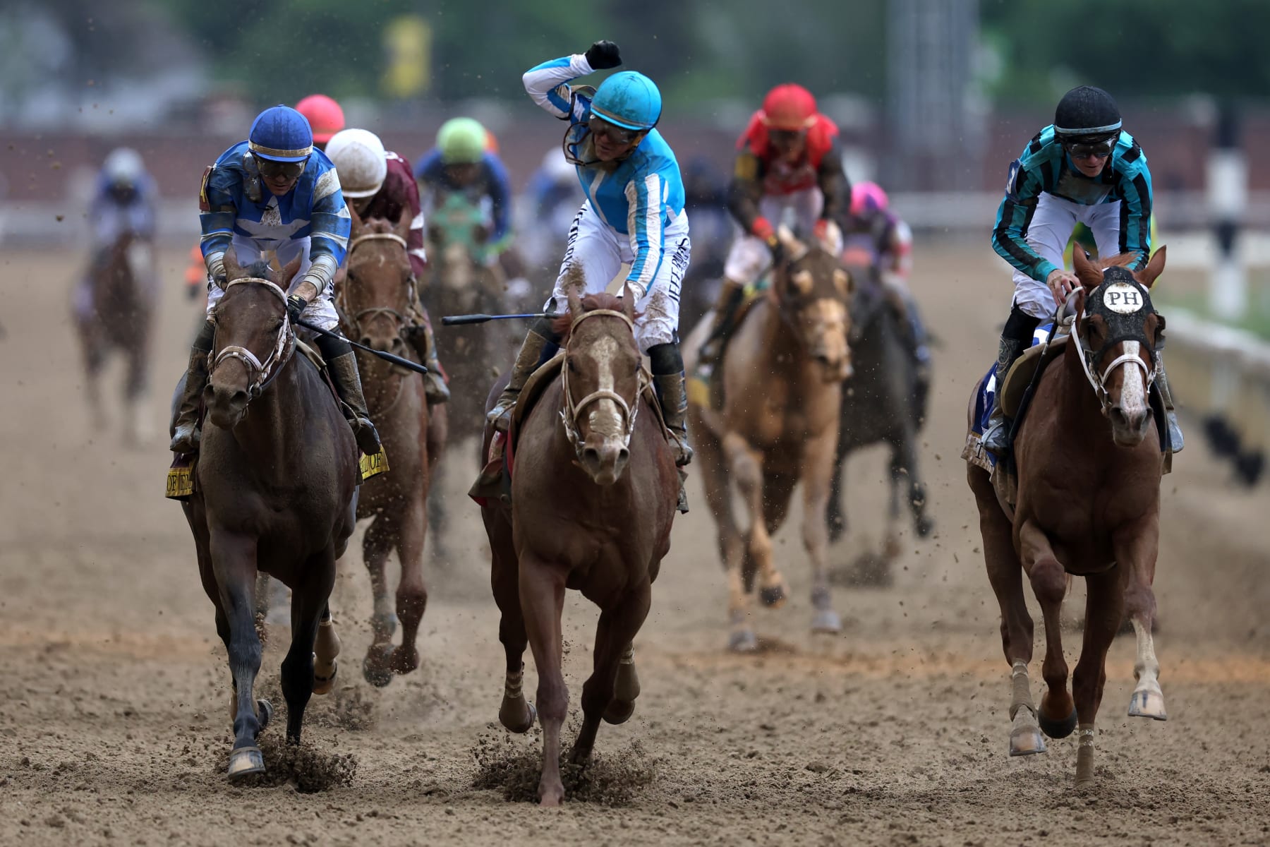 LOUISVILLE, KENTUCKY - MAY 06: Jockey Javier Castellano celebrates atop of Mage #8 after winning the 149th running of the Kentucky Derby at Churchill Downs on May 06, 2023 in Louisville, Kentucky. (Photo by Rob Carr/Getty Images)