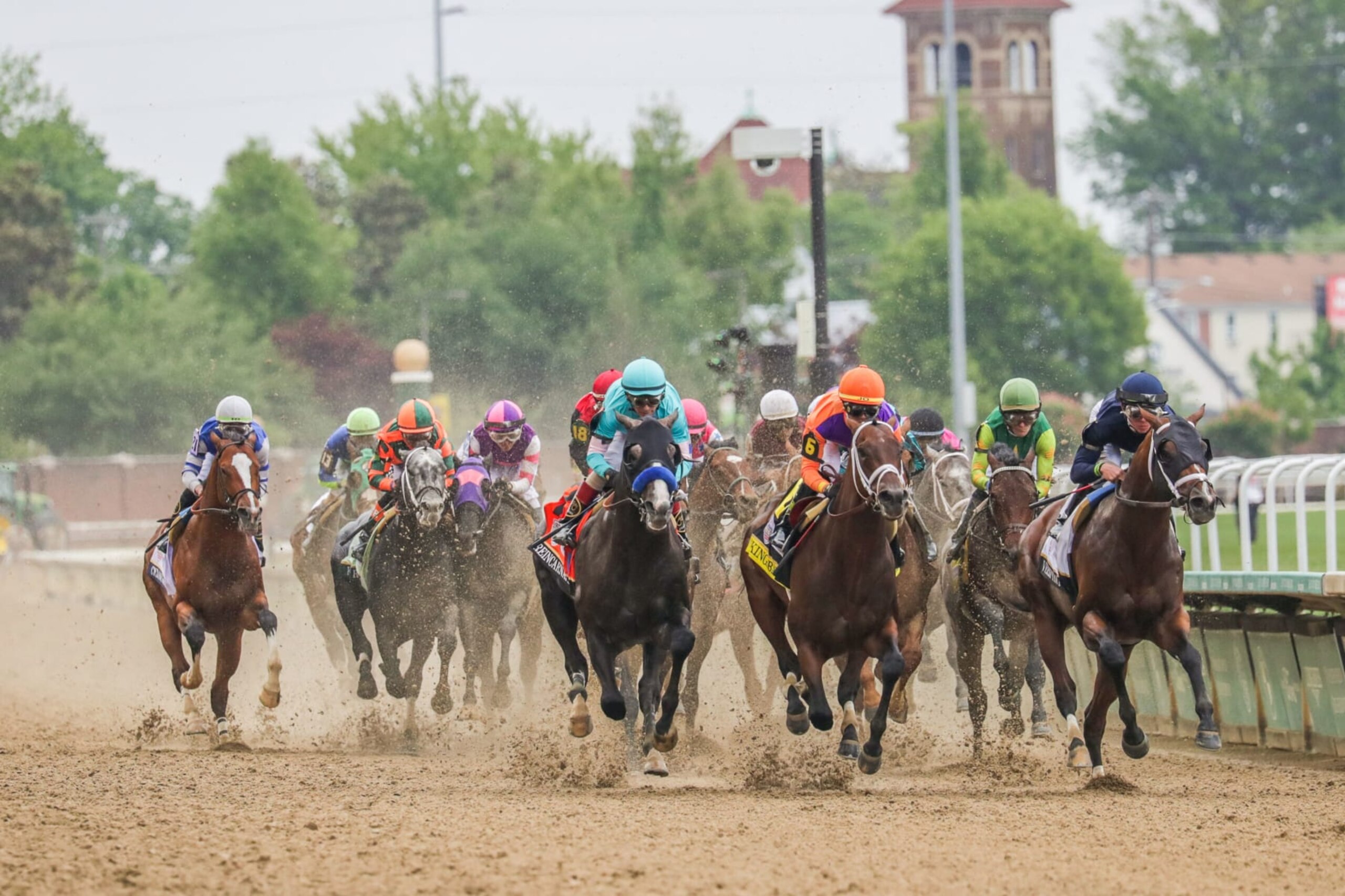 US-Venezuelan Jockey Javier Castellano on Mage (front L) rides during the 149th Kentucky Derby at Churchill Downs Racetrack in Louisville, Kentucky, on May 6, 2023. - Mage won the 149th Kentucky Derby, launching US racing's Triple Crown campaign even as two more horse deaths on Saturday cast a pall on proceedings at Churchill Downs in Louisville, Kentucky. (Photo by LEANDRO LOZADA / AFP) (Photo by LEANDRO LOZADA/AFP via Getty Images)