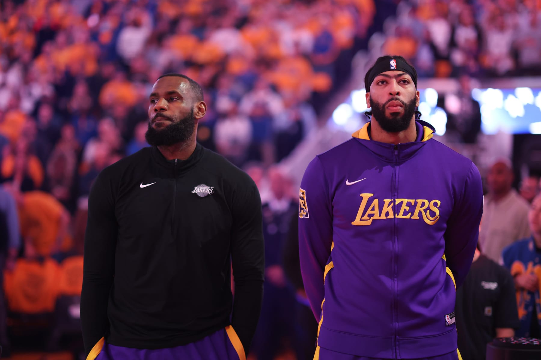 SAN FRANCISCO, CALIFORNIA - MAY 04: LeBron James #6 stands alongside Anthony Davis #3 of the Los Angeles Lakers during the national anthem prior to facing the Golden State Warriors in game two of the Western Conference Semifinal Playoffs at Chase Center on May 04, 2023 in San Francisco, California. NOTE TO USER: User expressly acknowledges and agrees that, by downloading and or using this photograph, User is consenting to the terms and conditions of the Getty Images License Agreement.  (Photo by Ezra Shaw/Getty Images)