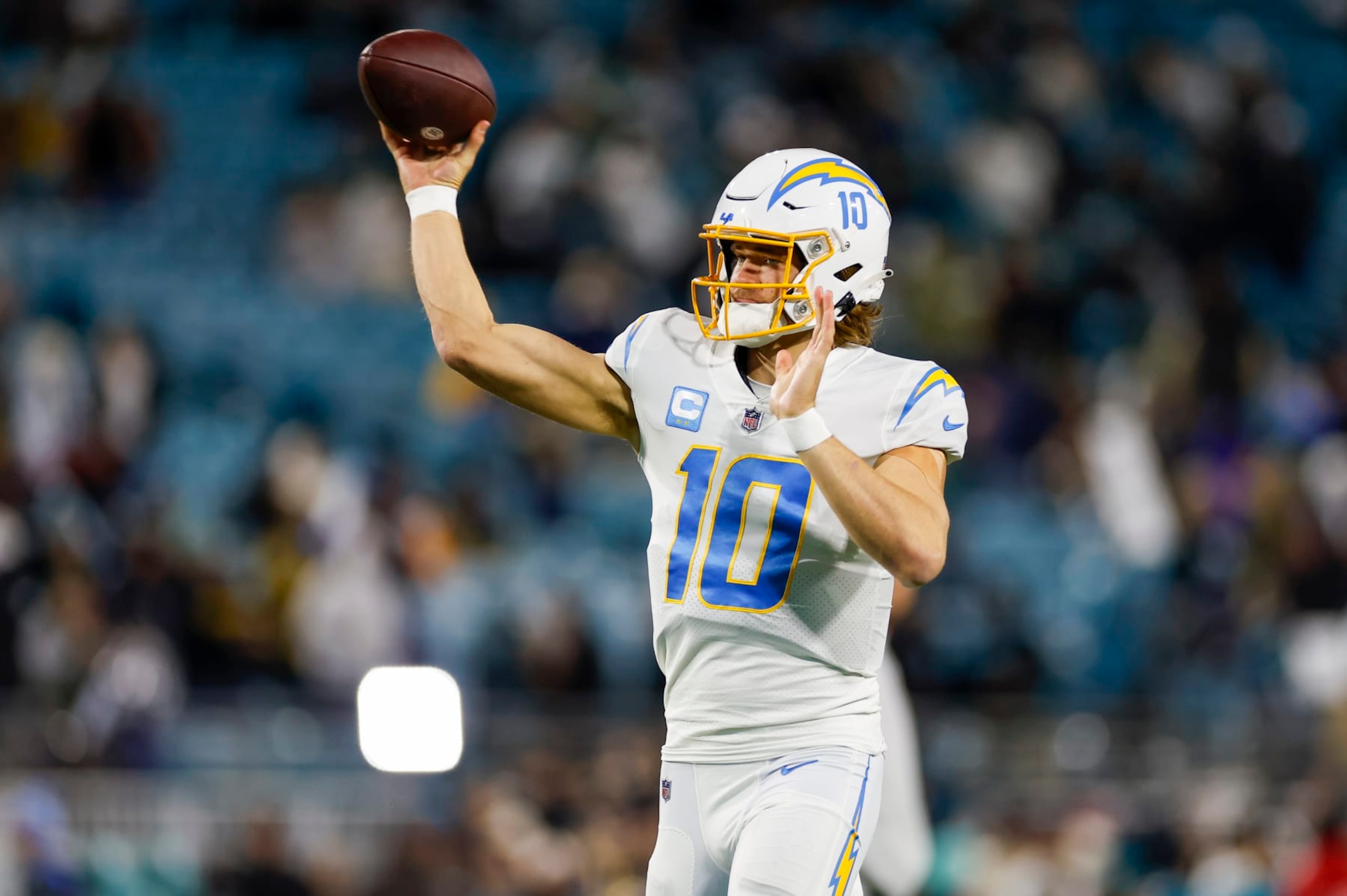 JACKSONVILLE, FL - JANUARY 14: Los Angeles Chargers quarterback Justin Herbert (10) throws a pass during the game between the Los Angeles Chargers and the Jacksonville Jaguars on January 14, 2023 at TIAA Bank Field in Jacksonville, Fl. (Photo by David Rosenblum/Icon Sportswire via Getty Images) JACKSONVILLE, FL - JANUARY 14: Los Angeles Chargers quarterback Justin Herbert (10) throws a pass during the game between the Los Angeles Chargers and the Jacksonville Jaguars on January 14, 2023 at TIAA Bank Field in Jacksonville, Fl. (Photo by David Rosenblum/Icon Sportswire via Getty Images)