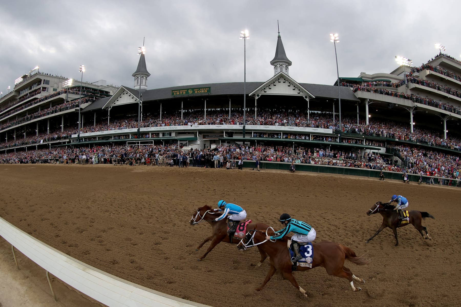 LOUISVILLE, KENTUCKY - MAY 06: Mage #8, ridden by jockey Javier Castellano leads the field to the finish line during the 149th running of the Kentucky Derby at Churchill Downs on May 06, 2023 in Louisville, Kentucky. (Photo by Rob Carr/Getty Images)