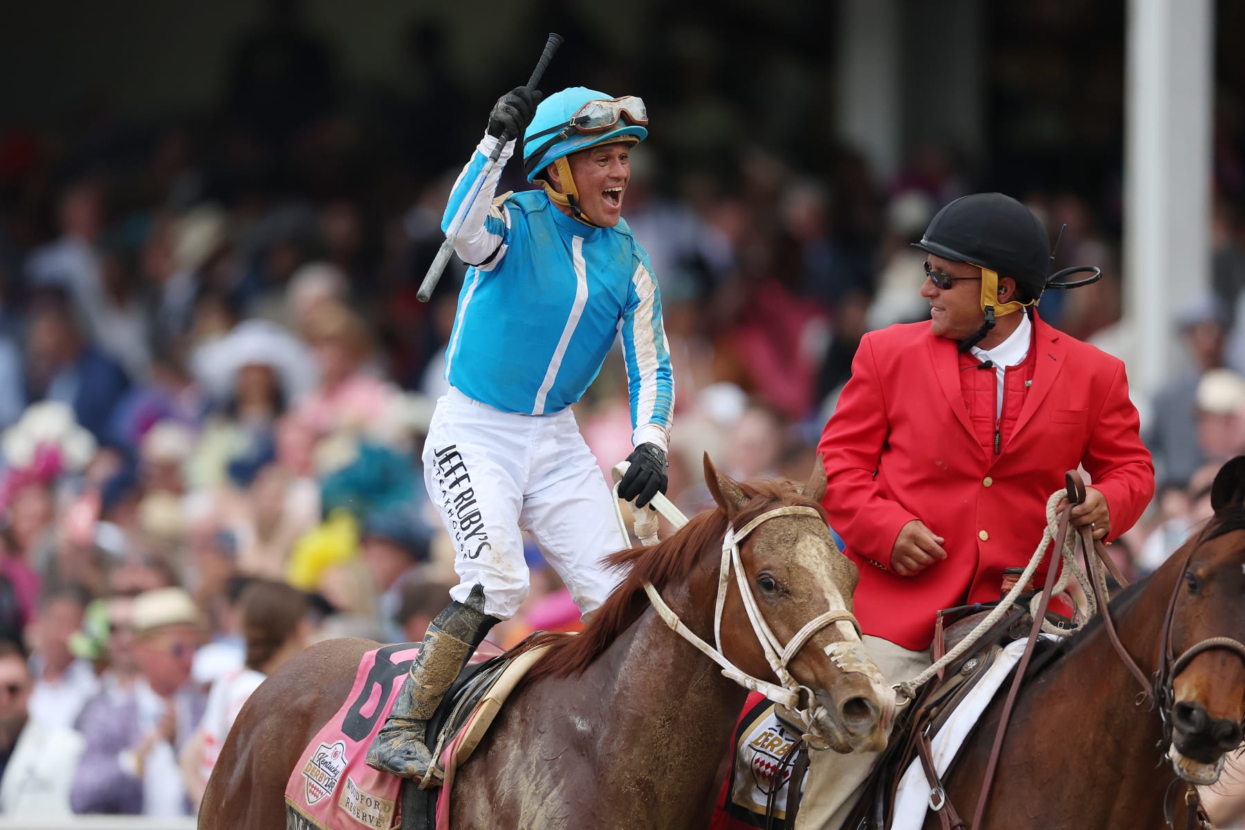 LOUISVILLE, KENTUCKY - MAY 06: Jockey Javier Castellano celebrates atop of Mage #8 after winning the 149th running of the Kentucky Derby at Churchill Downs on May 06, 2023 in Louisville, Kentucky. (Photo by Rob Carr/Getty Images)