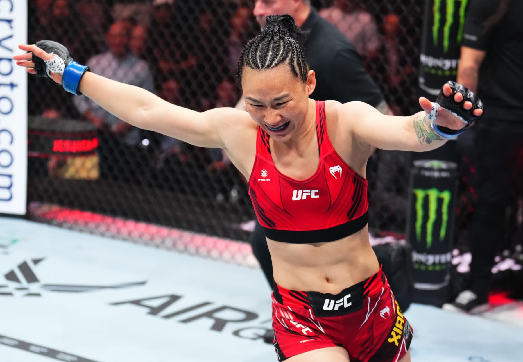 NEWARK, NEW JERSEY - MAY 06: Yan Xiaonan of China reacts after her knockout victory over Jessica Andrade of Brazil in a strawweight fight during the UFC 288 event at Prudential Center on May 06, 2023 in Newark, New Jersey. (Photo by Chris Unger/Zuffa LLC via Getty Images)