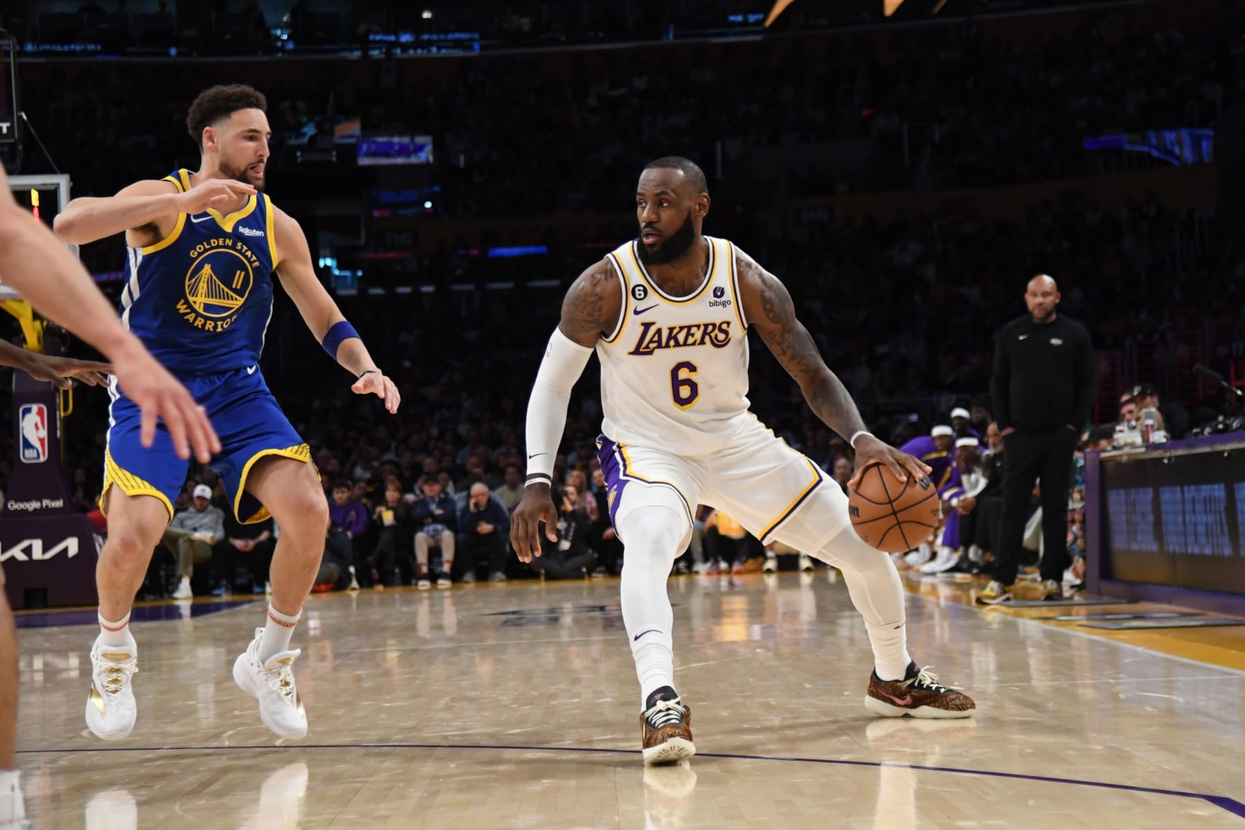 LOS ANGELES, CA - MAY 6: LeBron James #6 of the Los Angeles Lakers handles the ball during the game against the Golden State Warriors during the Western Conference Semi Finals during the 2023 NBA Playoffs on May 6, 2023 at Crypto.Com Arena in Los Angeles, California. NOTE TO USER: User expressly acknowledges and agrees that, by downloading and/or using this Photograph, user is consenting to the terms and conditions of the Getty Images License Agreement. Mandatory Copyright Notice: Copyright 2023 NBAE (Photo by Noah Graham/NBAE via Getty Images)