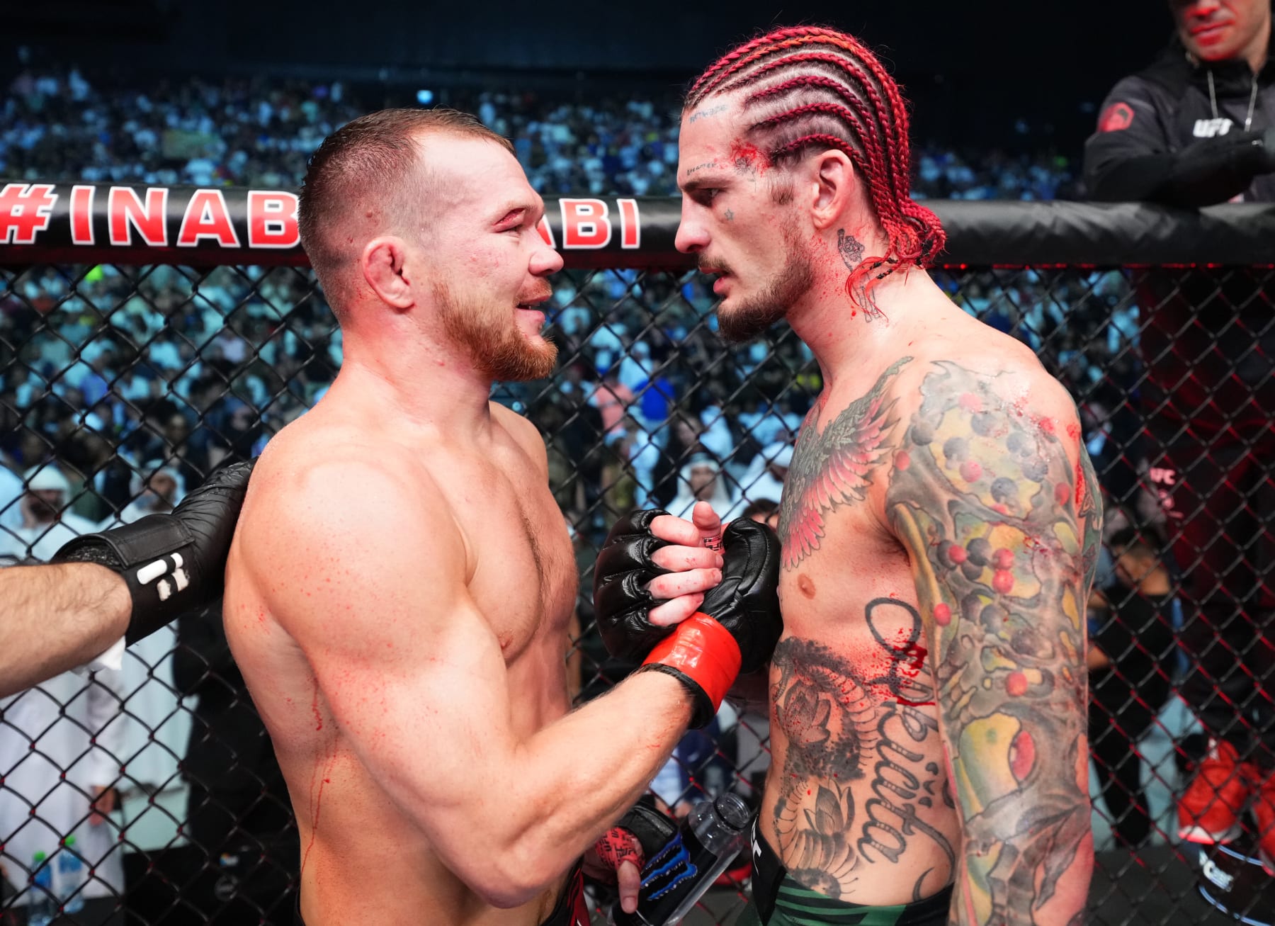 ABU DHABI, UNITED ARAB EMIRATES - OCTOBER 22: (L-R) Petr Yan of Russia and Sean O'Malley talk after their bantamweight fight during the UFC 280 event at Etihad Arena on October 22, 2022 in Abu Dhabi, United Arab Emirates. (Photo by Chris Unger/Zuffa LLC)