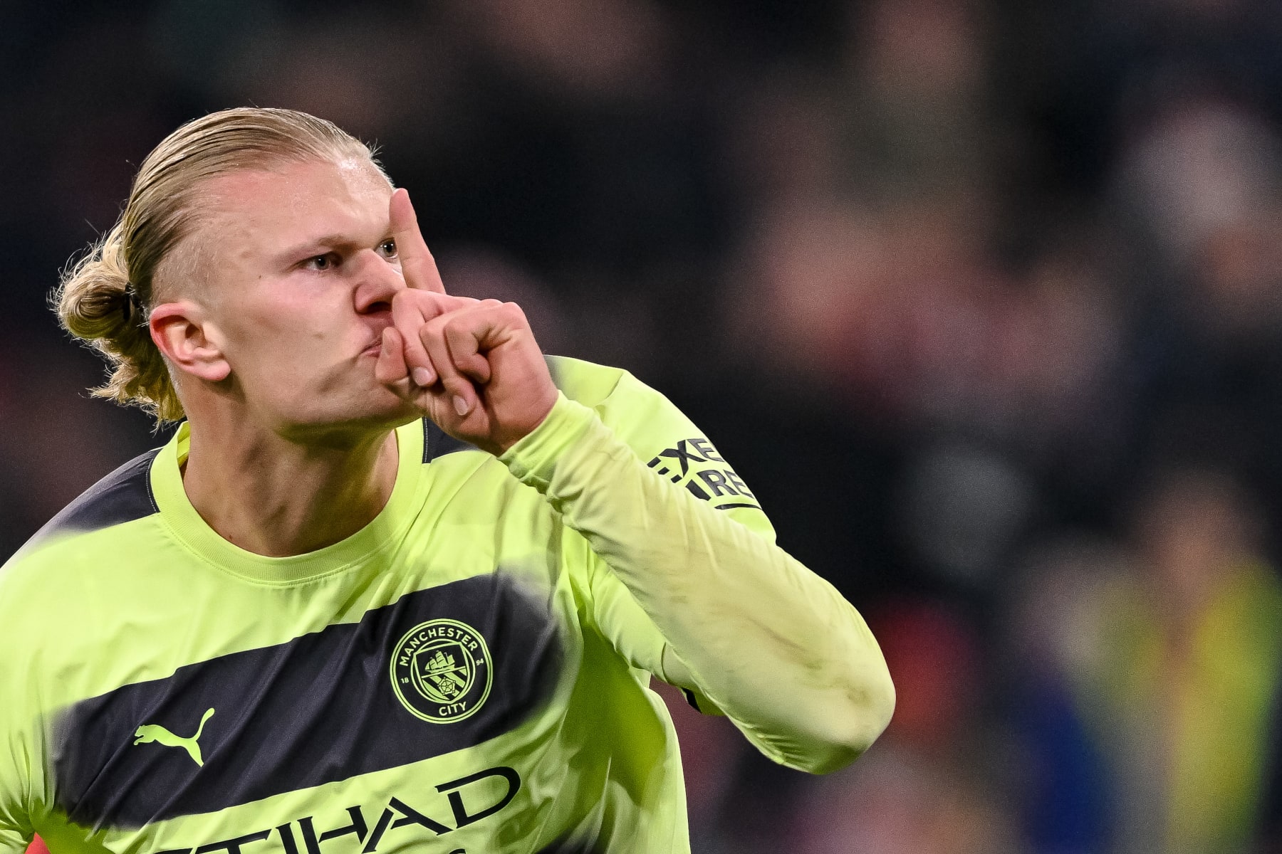 MUNICH, GERMANY - APRIL 19: Erling Haaland of Manchester City celebrates after scoring his team's first goal during the UEFA Champions League quarterfinal second leg match between FC Bayern München and Manchester City at Allianz Arena on April 19, 2023 in Munich, Germany. (Photo by Harry Langer/DeFodi Images via Getty Images)