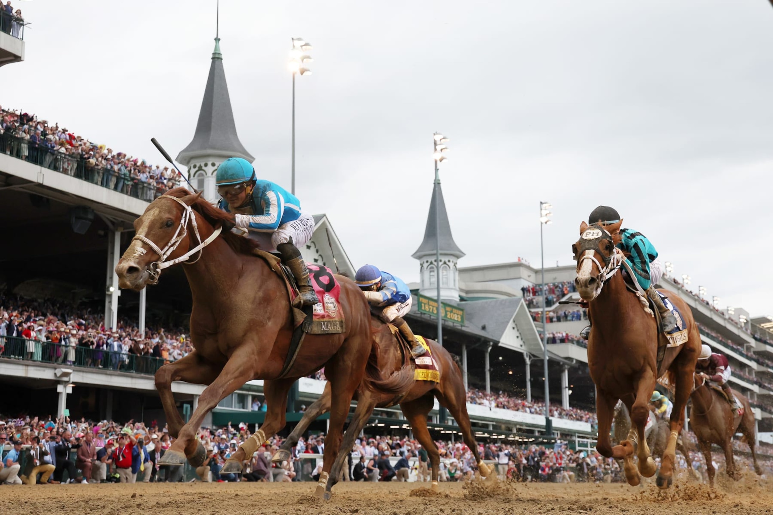 Mage and  jockey Javier Castellano claim victory at the 2023 Kentucky Derby.