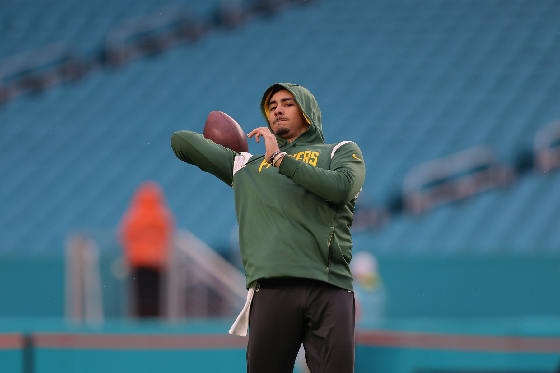 MIAMI GARDENS, FLORIDA - DECEMBER 25: Jordan Love #10 of the Green Bay Packers warms up before the game against the Miami Dolphins at Hard Rock Stadium on December 25, 2022 in Miami Gardens, Florida. (Photo by Megan Briggs/Getty Images)