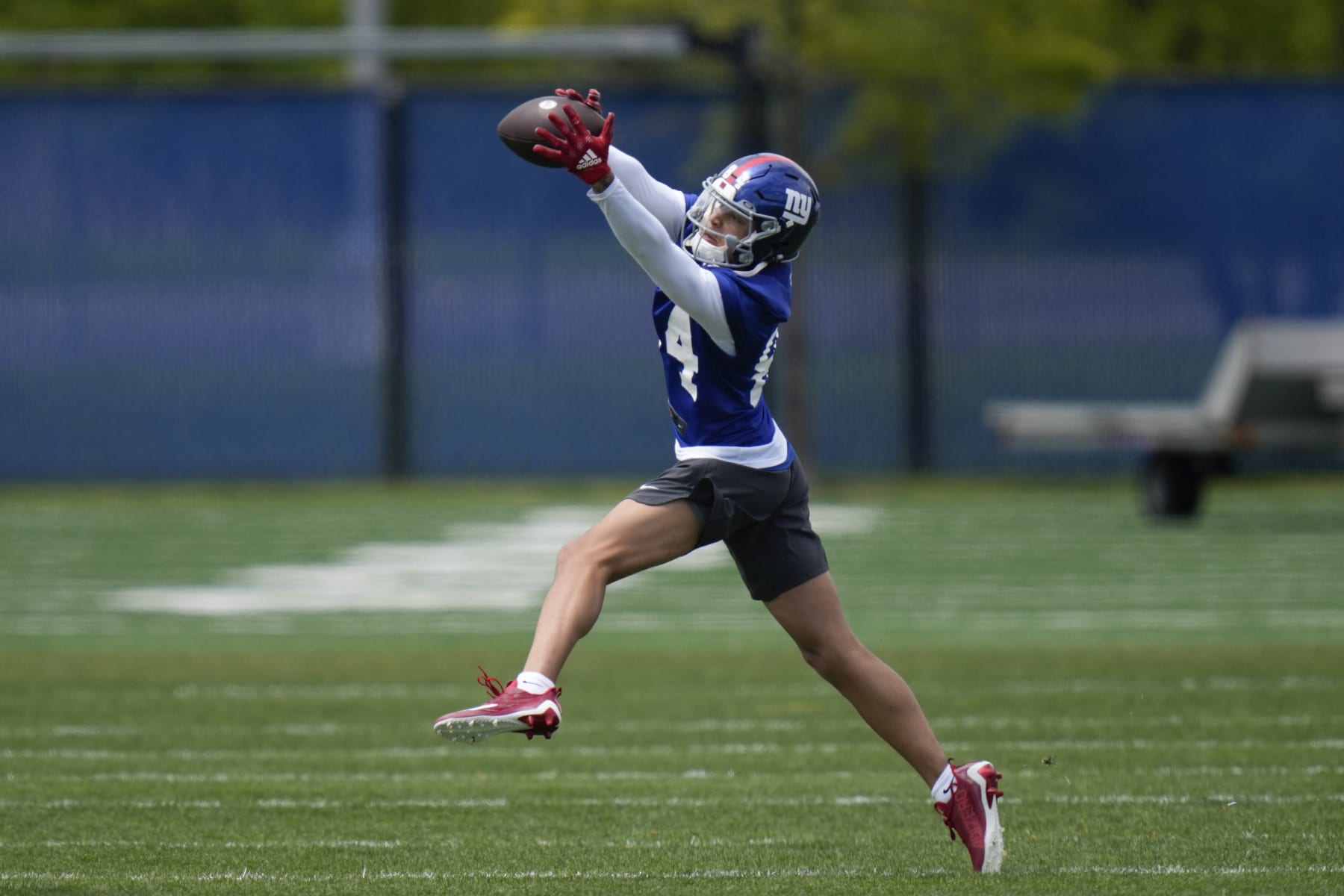 New York Giants wide receiver Jalin Hyatt participates in an NFL football rookie camp at the team's training facility in East Rutherford, N.J., Friday, May 5, 2023. (AP Photo/Seth Wenig)