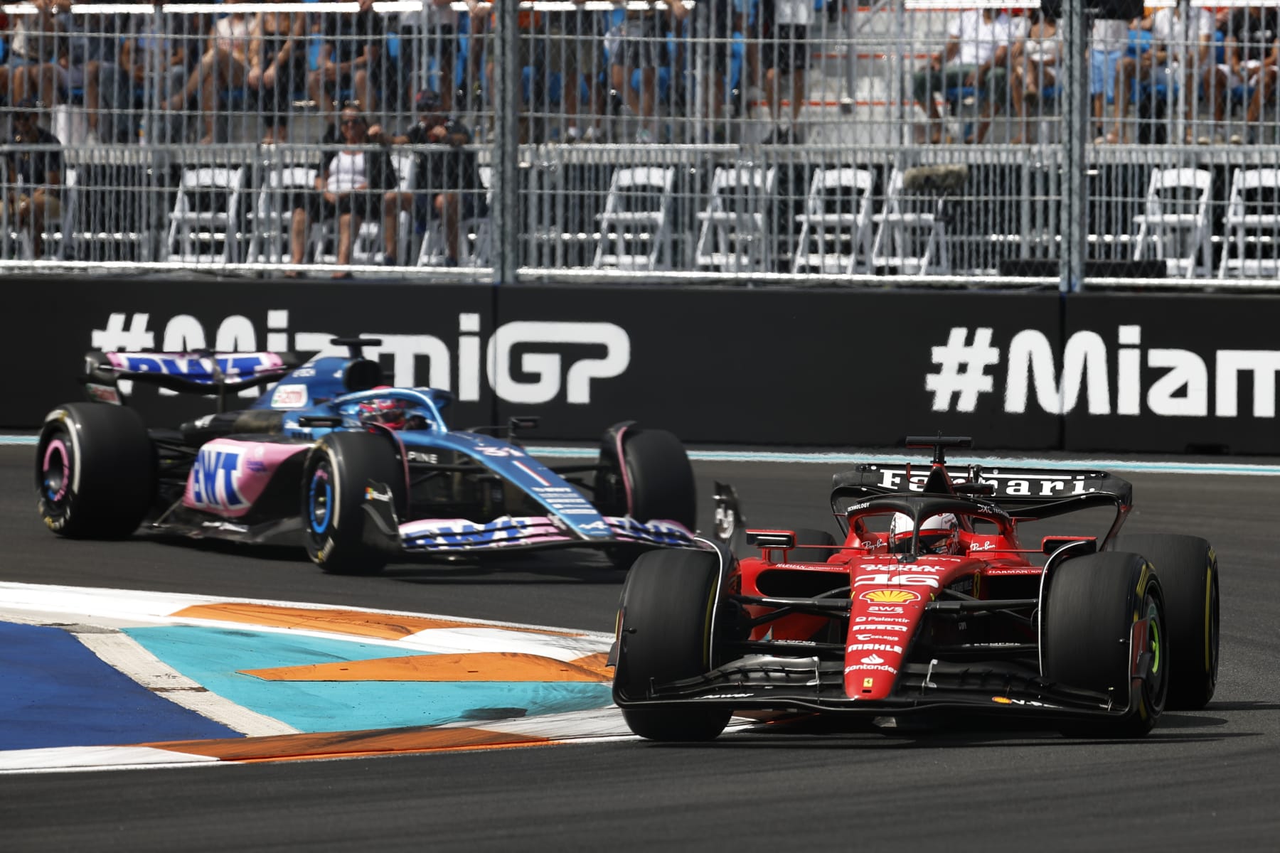MIAMI, FLORIDA - MAY 07: Charles Leclerc of Monaco driving the (16) Ferrari SF-23 leads Esteban Ocon of France driving the (31) Alpine F1 A523 Renault during the F1 Grand Prix of Miami at Miami International Autodrome on May 07, 2023 in Miami, Florida. (Photo by Jared C. Tilton/Getty Images)