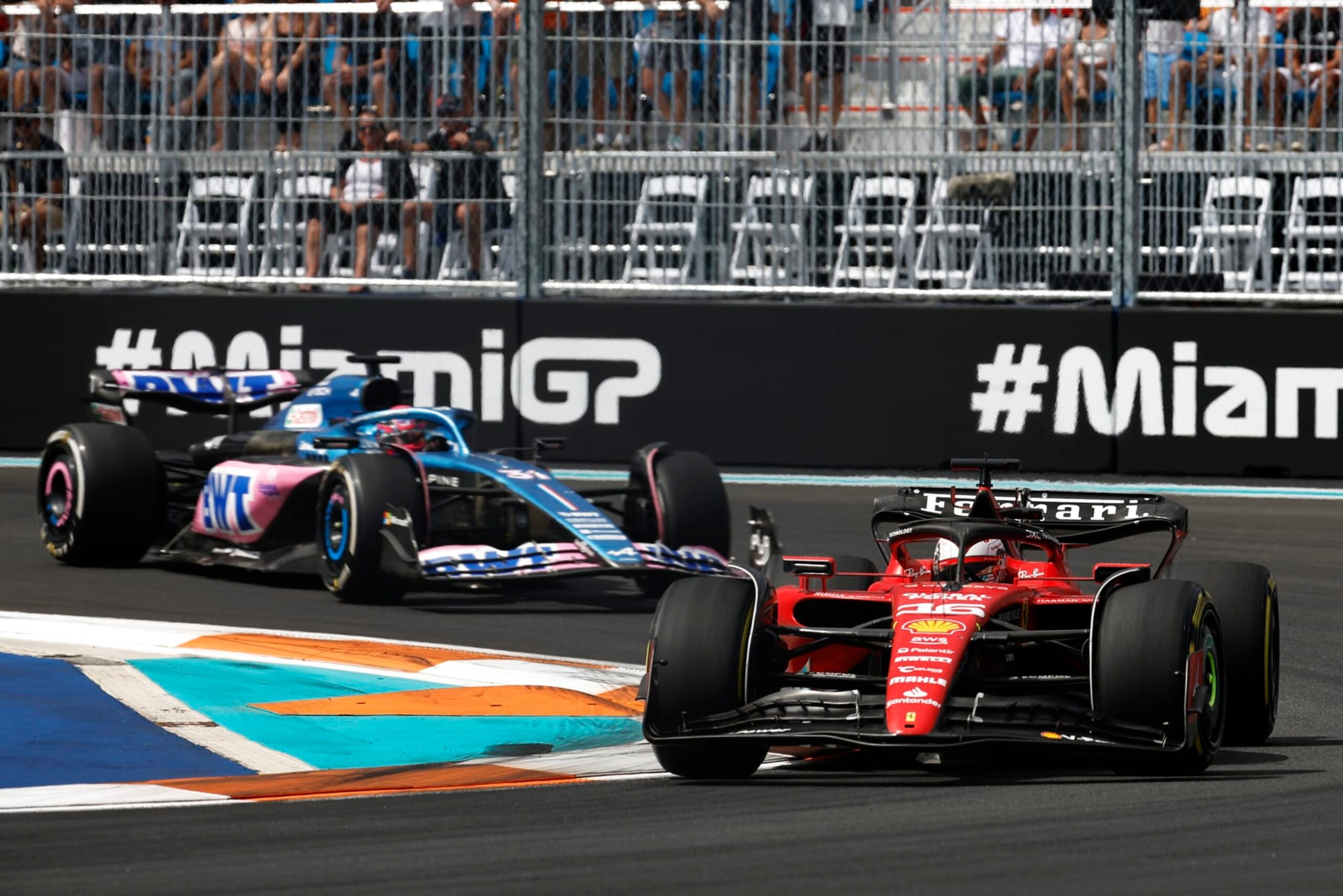 MIAMI, FLORIDA - MAY 07: Charles Leclerc of Monaco driving the (16) Ferrari SF-23 leads Esteban Ocon of France driving the (31) Alpine F1 A523 Renault during the F1 Grand Prix of Miami at Miami International Autodrome on May 07, 2023 in Miami, Florida. (Photo by Jared C. Tilton/Getty Images) MIAMI, FLORIDA - MAY 07: Charles Leclerc of Monaco driving the (16) Ferrari SF-23 leads Esteban Ocon of France driving the (31) Alpine F1 A523 Renault during the F1 Grand Prix of Miami at Miami International Autodrome on May 07, 2023 in Miami, Florida. (Photo by Jared C. Tilton/Getty Images)