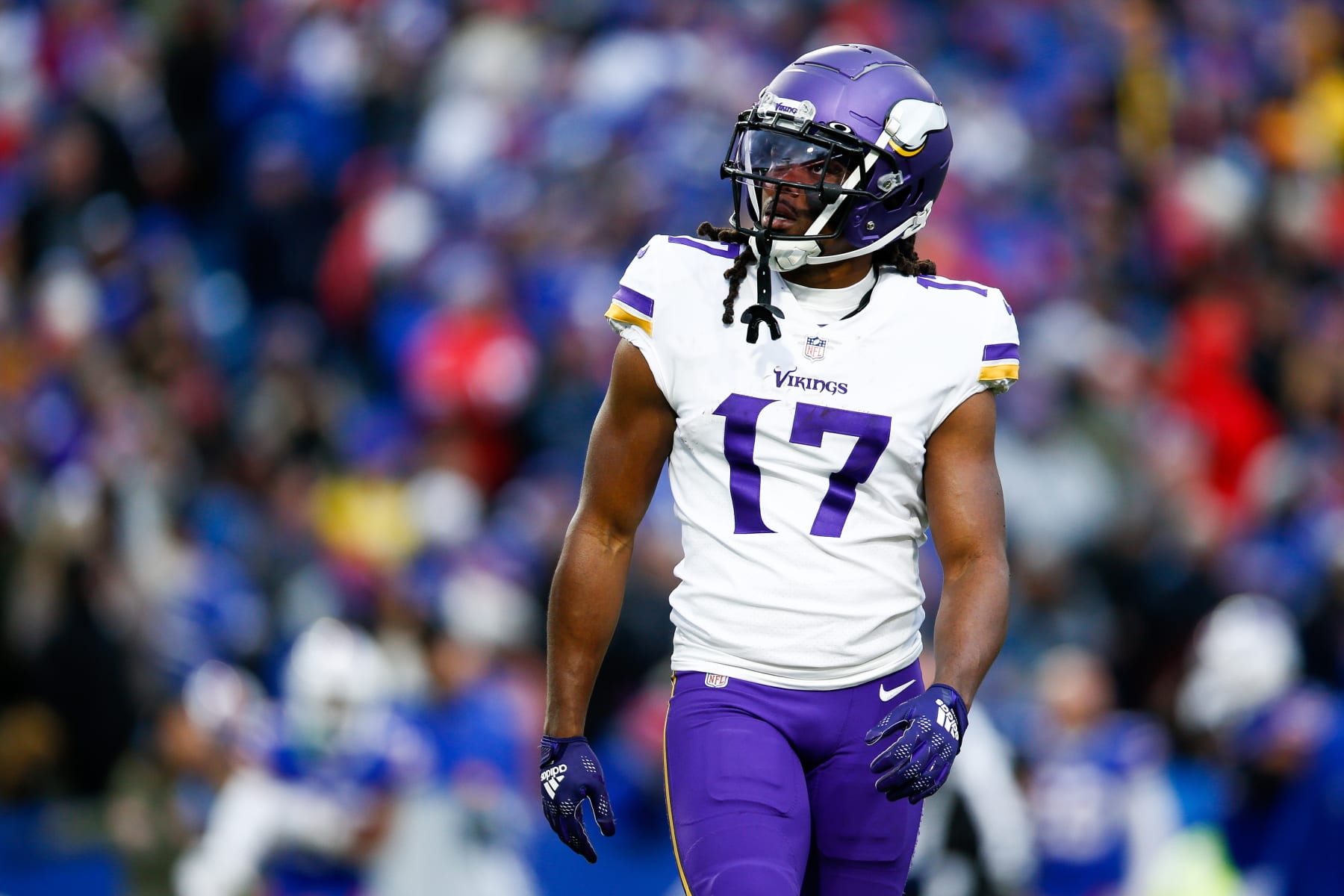 ORCHARD PARK, NY - NOVEMBER 13: K.J. Osborn #17 of the Minnesota Vikings walks on the field against the Buffalo Bills at Highmark Stadium on November 13, 2022 in Orchard Park, New York. (Photo by Isaiah Vazquez/Getty Images)