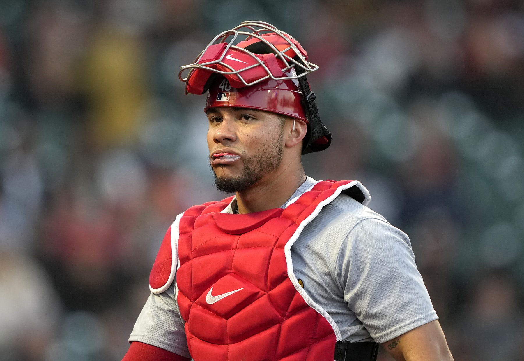 SAN FRANCISCO, CALIFORNIA - APRIL 26: Willson Contreras #40 of the St. Louis Cardinals looks on walking off the field at the end of the third inning against the San Francisco Giants at Oracle Park on April 26, 2023 in San Francisco, California. (Photo by Thearon W. Henderson/Getty Images)