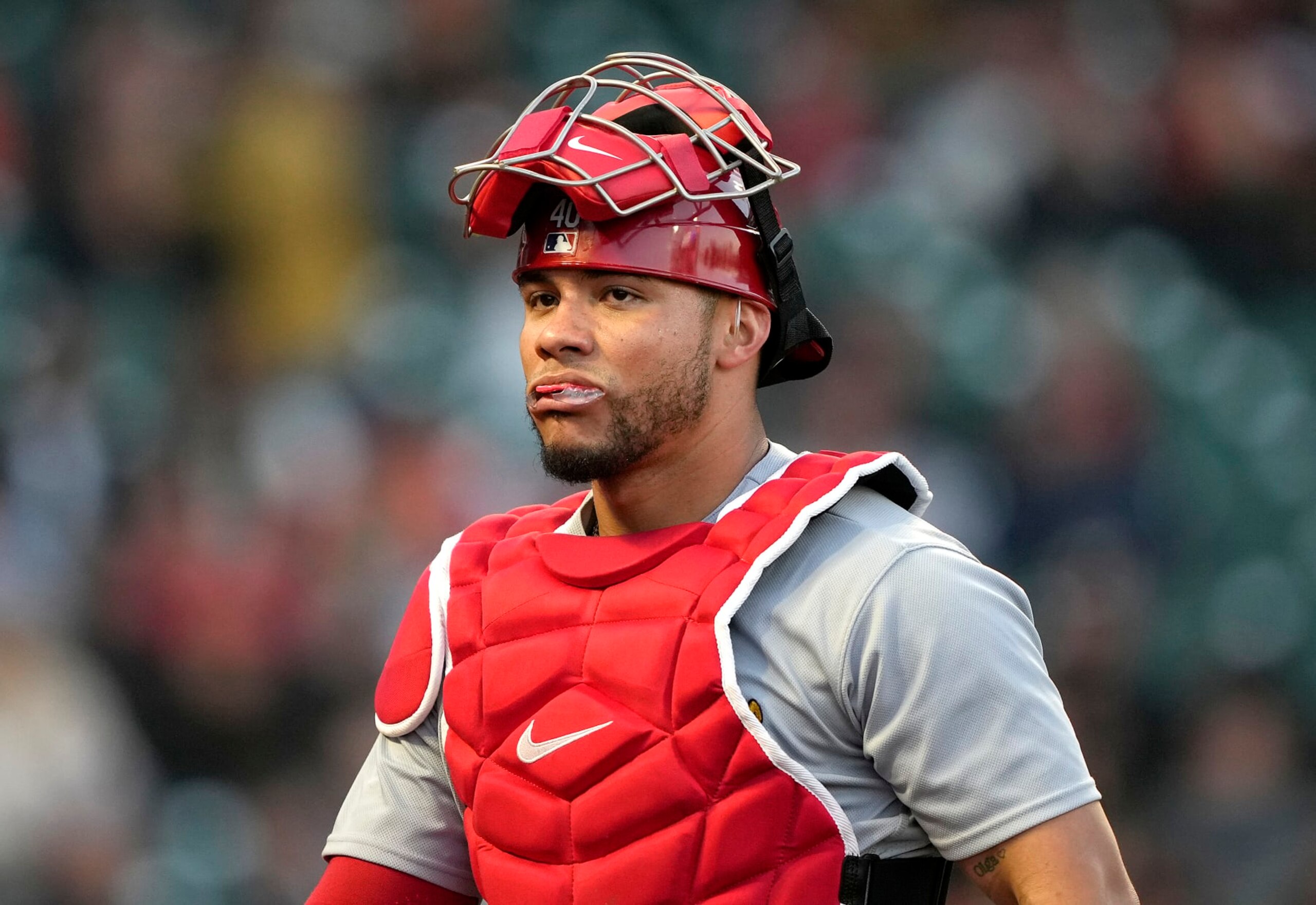 SAN FRANCISCO, CALIFORNIA - APRIL 26: Willson Contreras #40 of the St. Louis Cardinals looks on walking off the field at the end of the third inning against the San Francisco Giants at Oracle Park on April 26, 2023 in San Francisco, California. (Photo by Thearon W. Henderson/Getty Images)