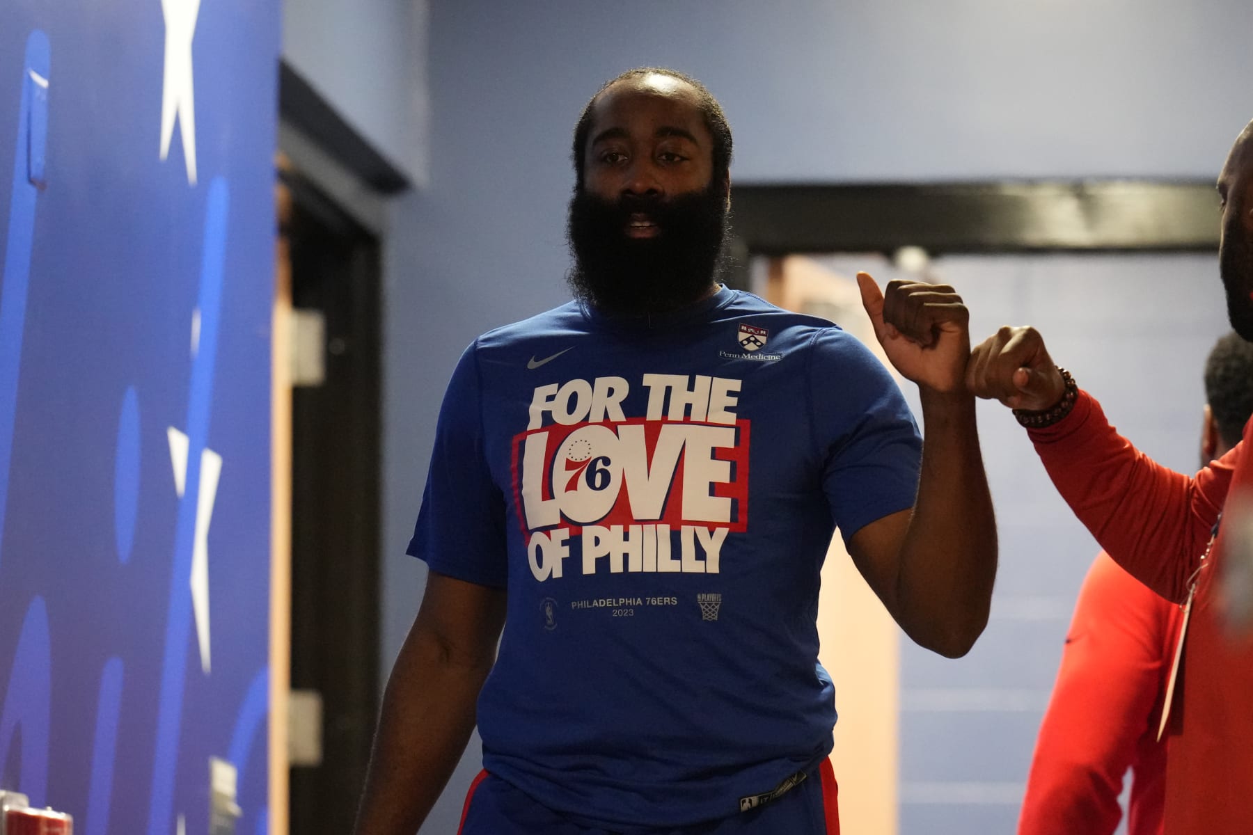 PHILADELPHIA, PA - MAY 7: James Harden #1 of the Philadelphia 76ers before Game Four of the Eastern Conference Semi-Finals of the 2023 NBA Playoffs against the Boston Celtics on May 7, 2023 at the Wells Fargo Center in Philadelphia, Pennsylvania NOTE TO USER: User expressly acknowledges and agrees that, by downloading and/or using this Photograph, user is consenting to the terms and conditions of the Getty Images License Agreement. Mandatory Copyright Notice: Copyright 2023 NBAE (Photo by Jesse D. Garrabrant/NBAE via Getty Images)
