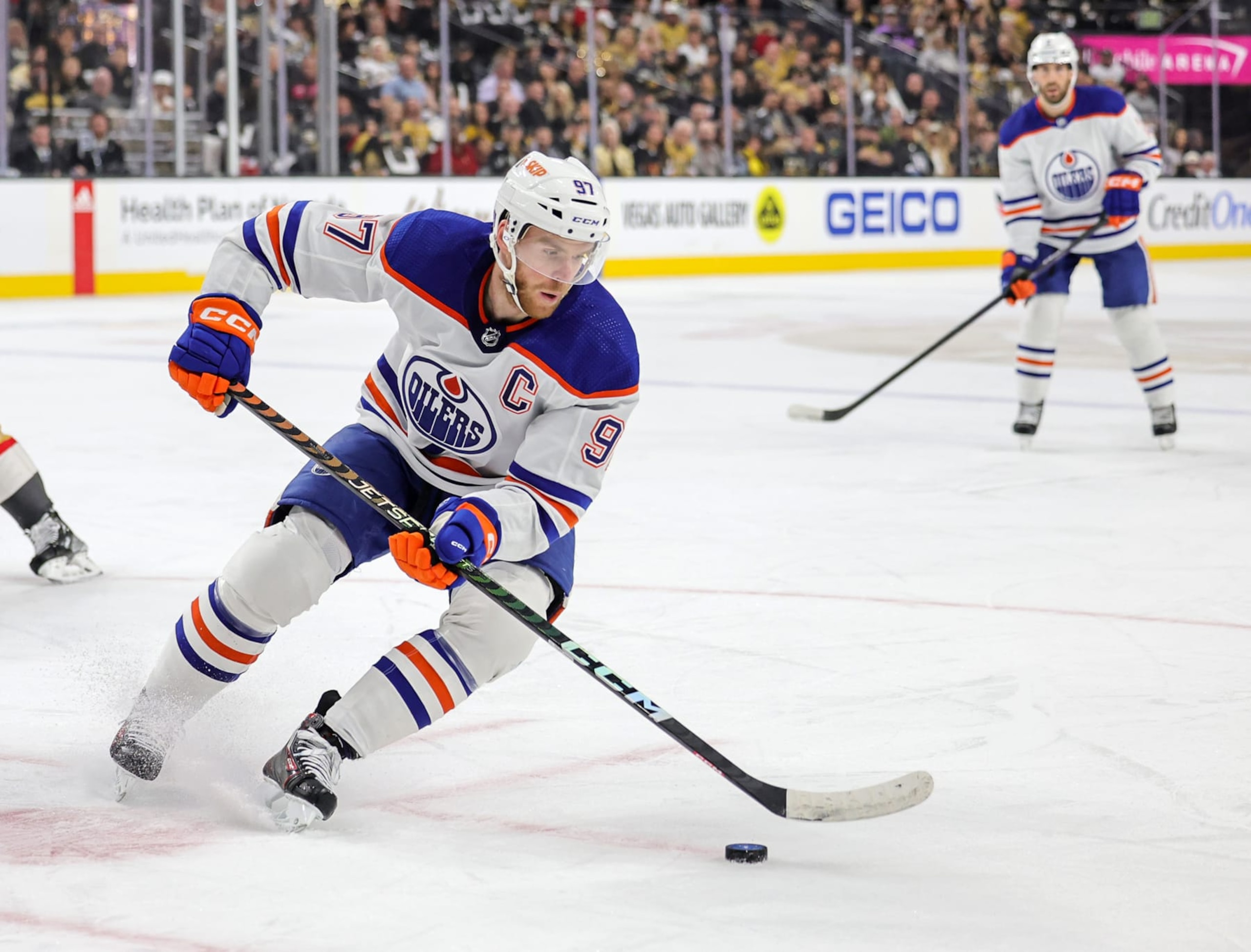 LAS VEGAS, NEVADA - MAY 06: Connor McDavid #97 of the Edmonton Oilers skates with the puck against the Vegas Golden Knights in the first period of Game Two of the Second Round of the 2023 Stanley Cup Playoffs at T-Mobile Arena on May 06, 2023 in Las Vegas, Nevada. The Oilers defeated the Golden Knights 5-1. (Photo by Ethan Miller/Getty Images)