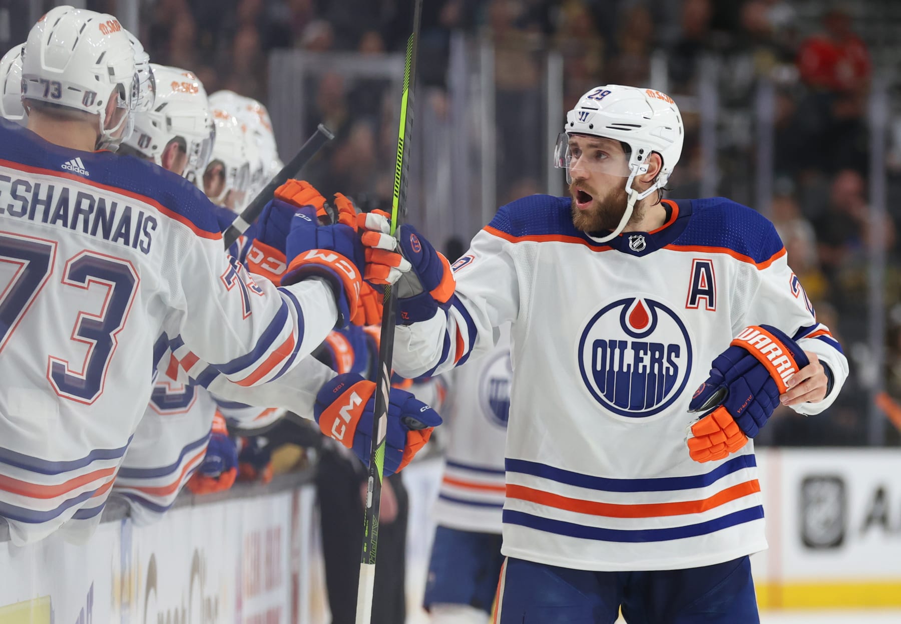 LAS VEGAS, NEVADA - MAY 03: Leon Draisaitl #29 of the  Edmonton Oilers celebrates after scoring a goal during the first period against the Vegas Golden Knights in Game One of the Second Round of the 2023 Stanley Cup Playoffs at T-Mobile Arena on May 03, 2023 in Las Vegas, Nevada. (Photo by Zak Krill/NHLI via Getty Images)